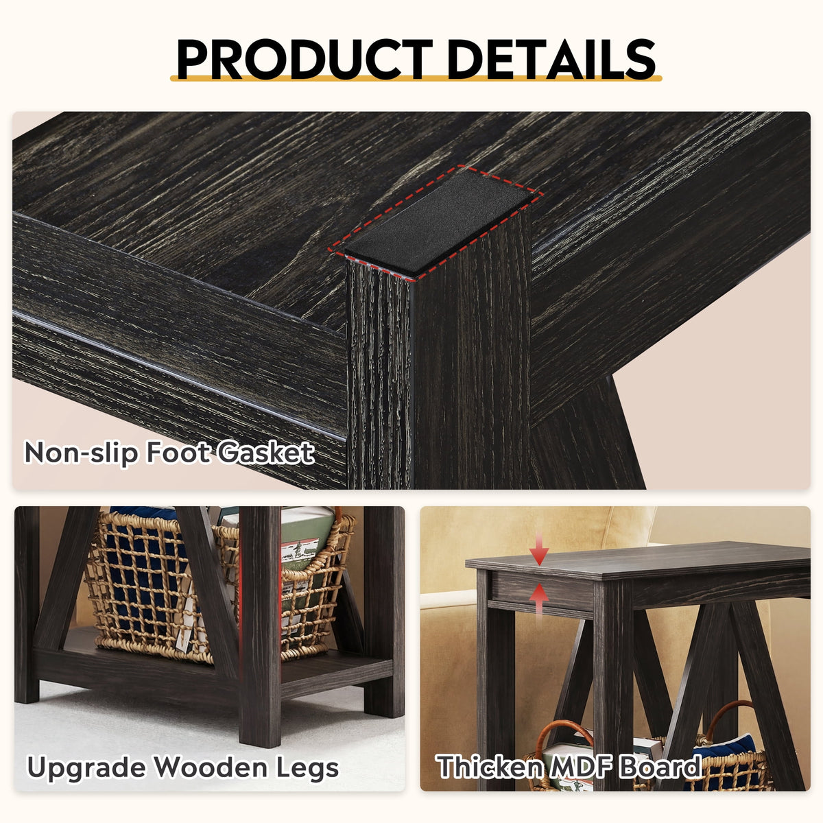 GALAXHERO End Table with Charging Station Slim Side Table with 2 USB Ports and 2 Power Outlets, 2-Tier Nightstand for Small Spaces, Farmhouse End Table for Living Room,Bedroom