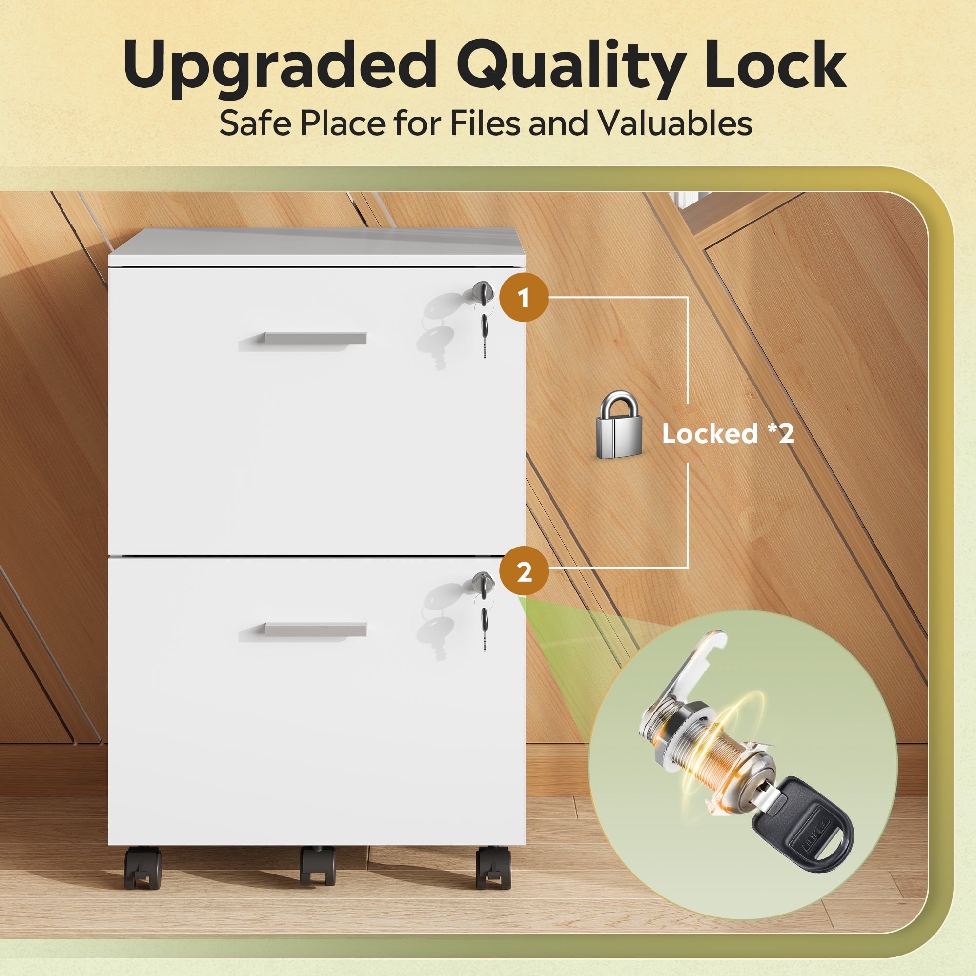 GALAXHERO 2 Drawer Filing Cabinet with Lock, Wooden Printer Stand with Storage for Home Office, Mobile Locking File Cabinet Fits Letter/A4 Hanging Files