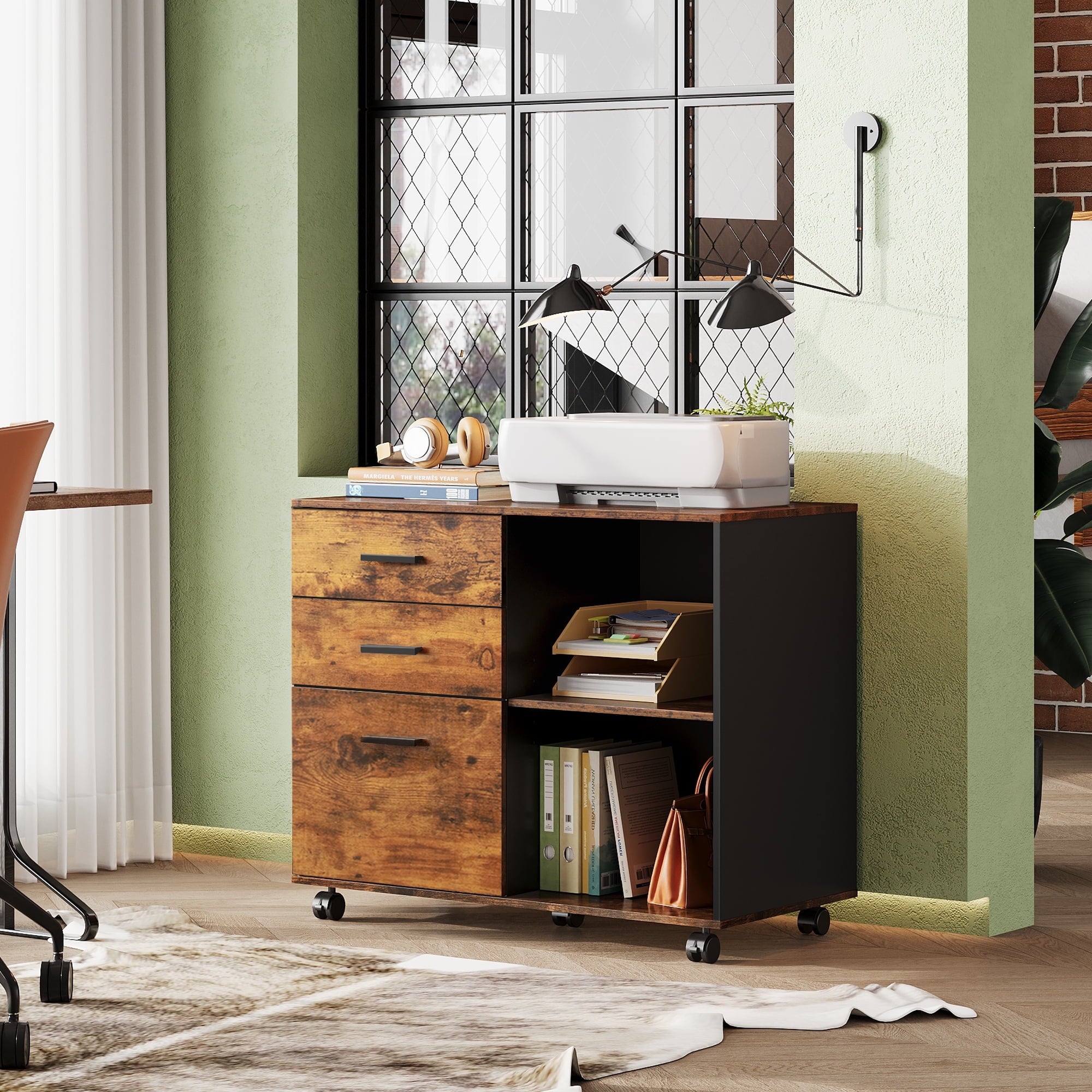 GALAXHERO 3-Drawer Wood Mobile File Cabinet, Lateral Filing Cabinet with Printer Stand and Open Storage Shelves for Home Office, Rustic Brown