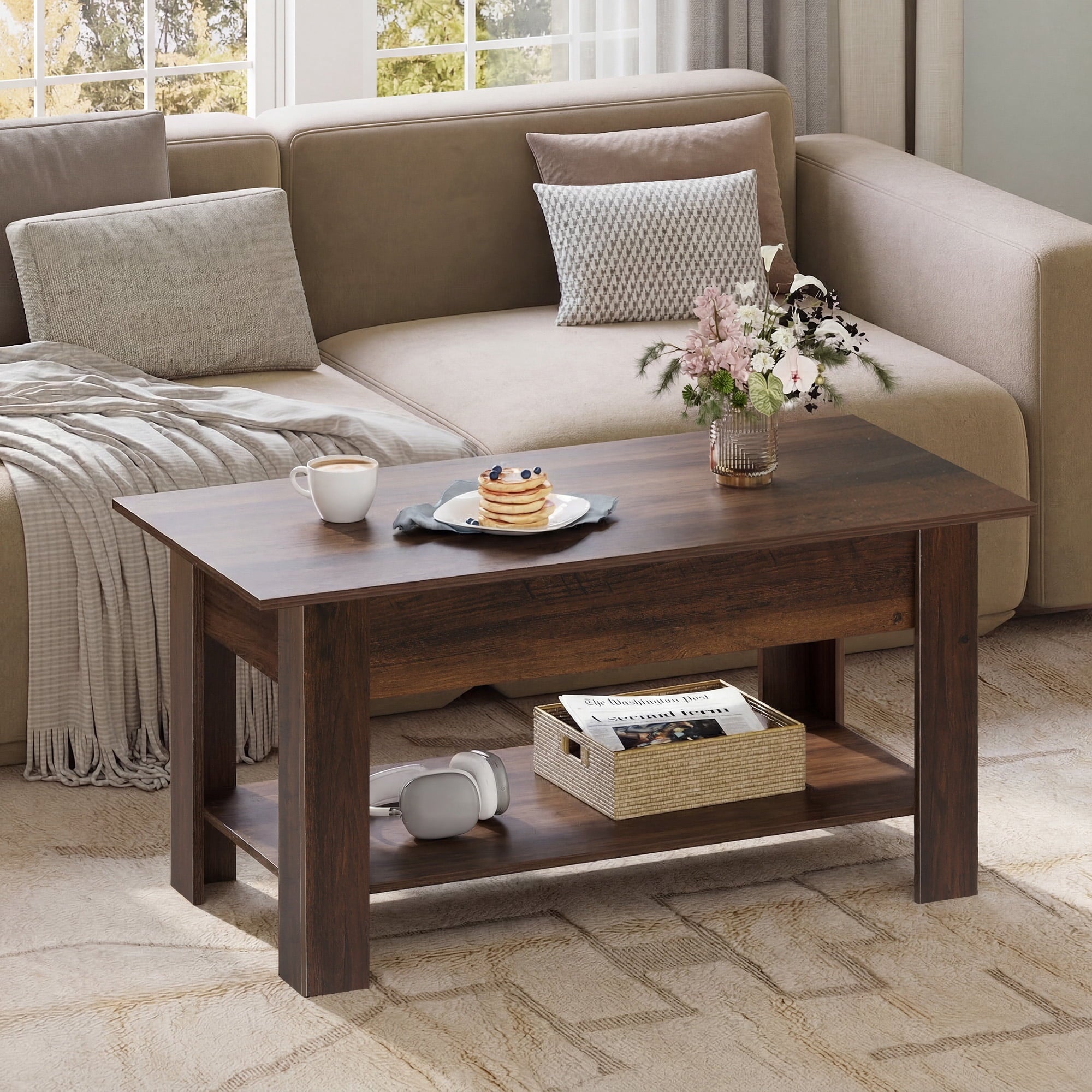 GALAXHERO 39" Lift Top Coffee Table with Storage Shelf & Hidden Compartment and Lifting Top for Home Living Room Office and Reception Room