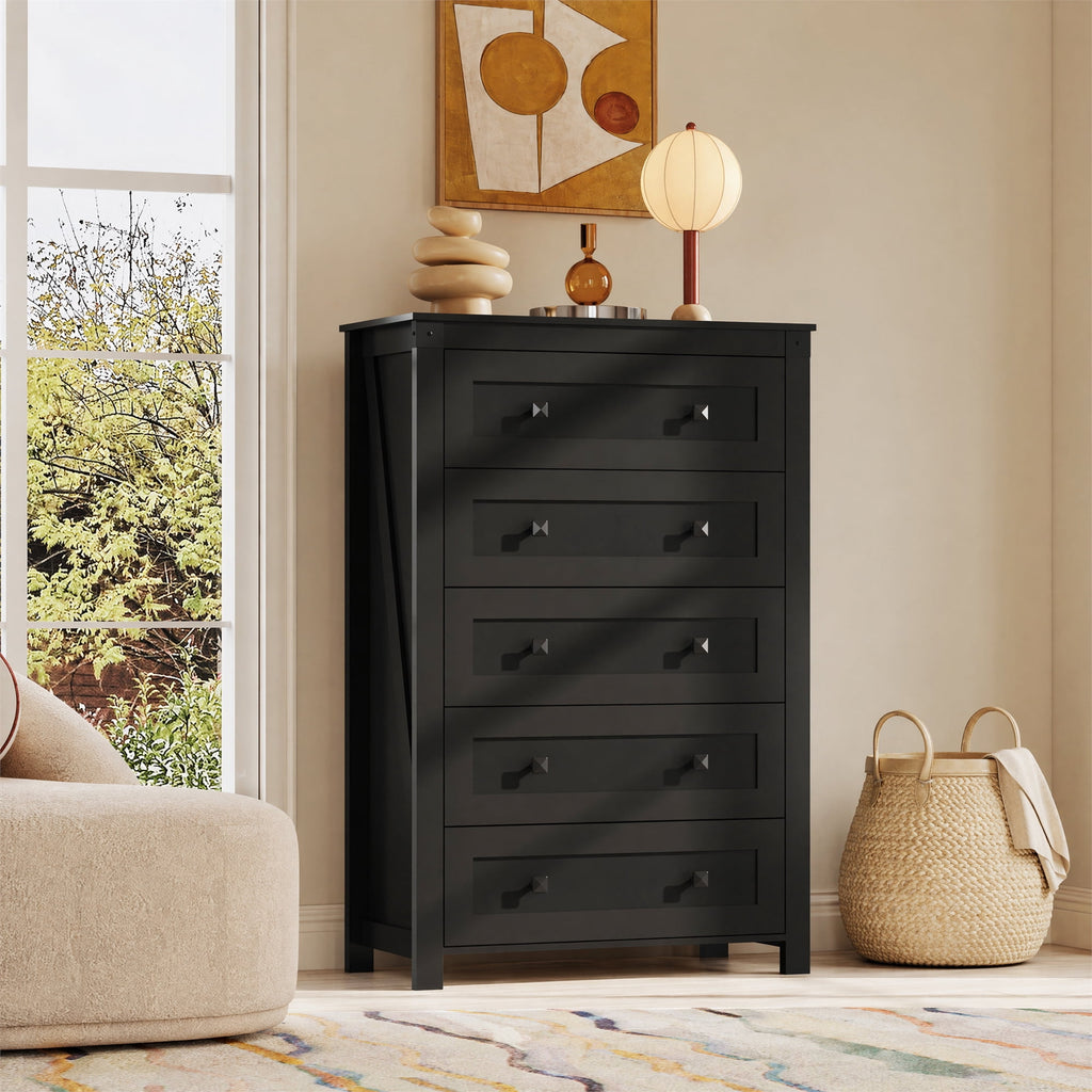 GALAXHERO Farmhouse 5 Drawer Dresser, Tall Dresser with Double Rustic Handles, Wood Chest of Drawers for Bedroom, Living Room, Hallway