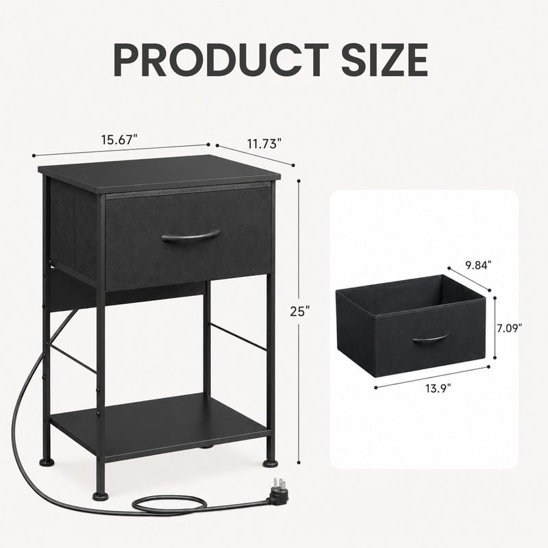 GALAXHERO Nightstand with Charging Station, Small Dresser with Drawer and Storage Shelfs for Bedroom