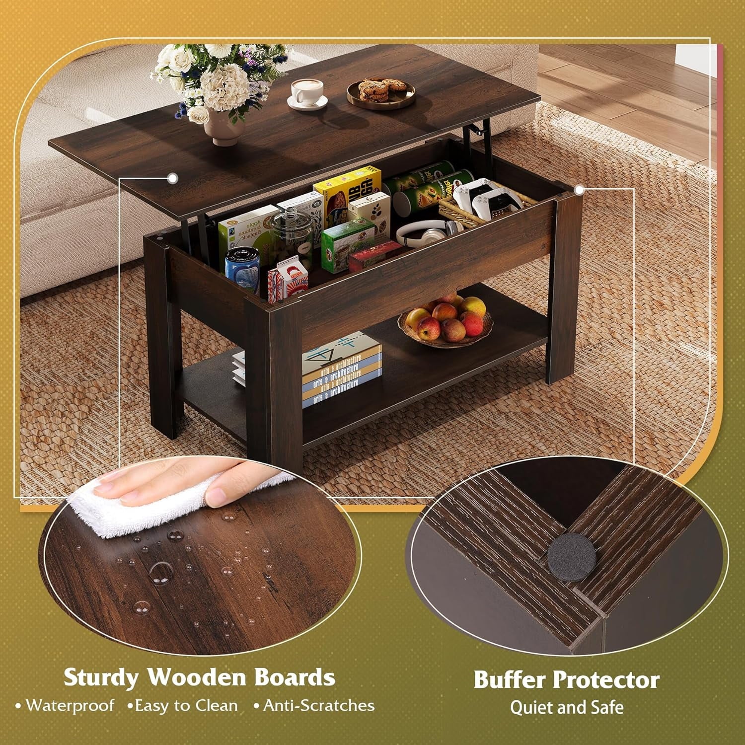 GALAXHERO 39" Lift Top Coffee Table with Storage Shelf & Hidden Compartment and Lifting Top for Home Living Room Office and Reception Room Rustic Brown