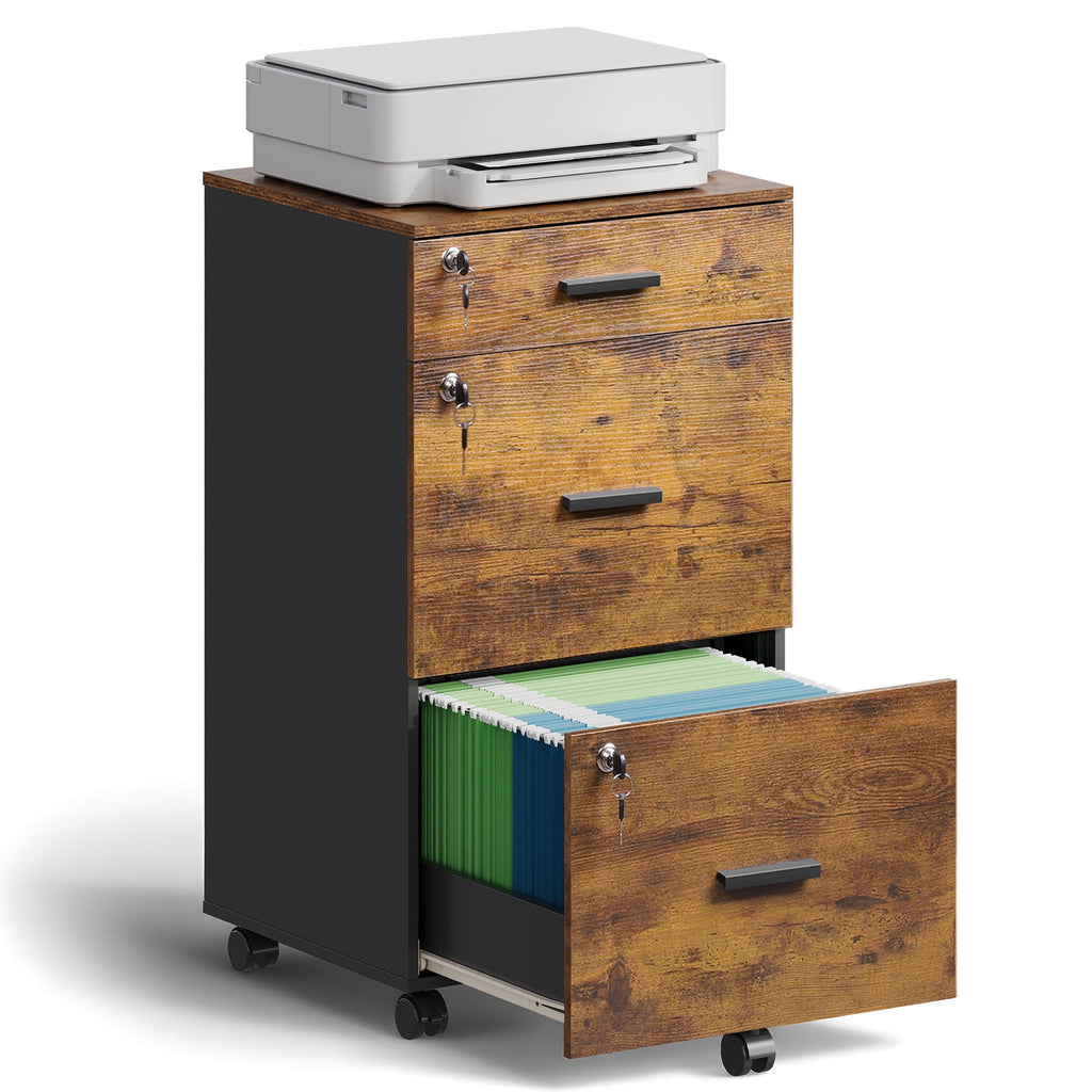 GALAXHERO Filing Cabinet with Lock and Key, 3 Drawer Rolling File Cabinet, Wood Storage Locker, Fits Letter/A4 Size