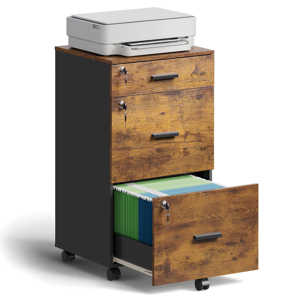 GALAXHERO Filing Cabinet with Lock and Key, 3 Drawer Rolling File Cabinet, Wood Storage Locker, Fits Letter/A4 Size