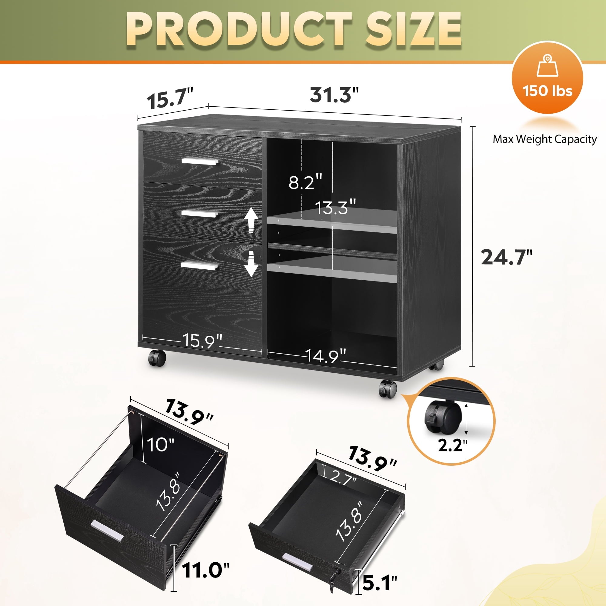 GALAXHERO 3-Drawer Wood File Cabinet, Mobile Lateral Filing Cabinet with Printer Stand and Open Shelves for Home Office
