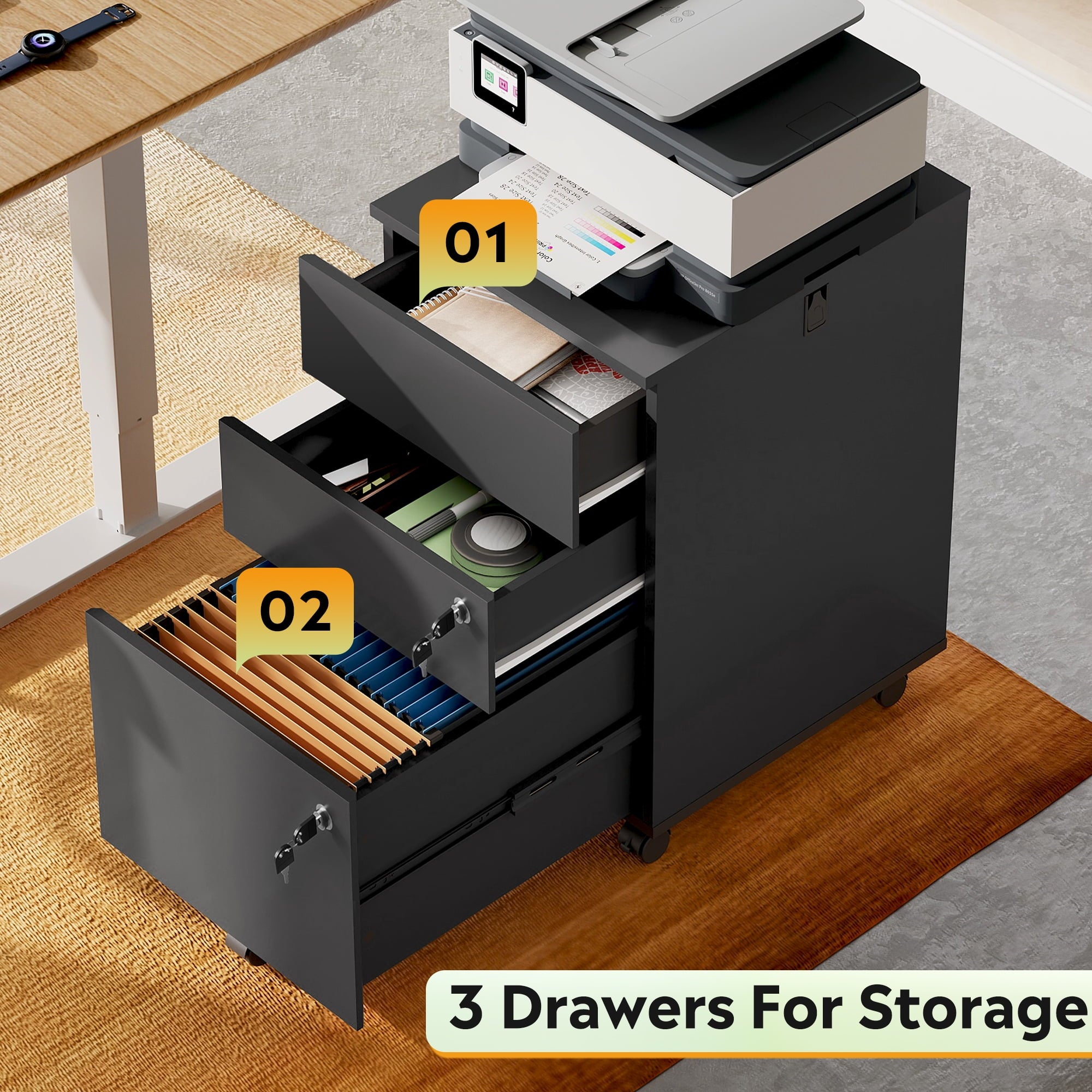 GALAXHERO 3 Drawers Storage Cabinet with Lock, Rolling Wood File Cabinet, Vertical Filing Cabinet for Home Office, Fits Letter/A4