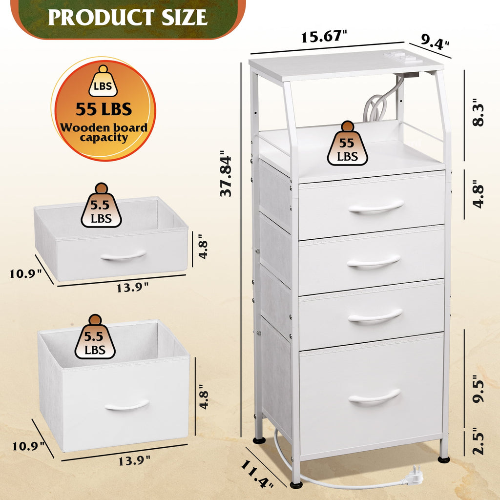 GALAXHERO Nightstand with Charging Station and LED, White Tall Night Stand, 4 Drawers Bedside Table with Storage Shelfs for Bedroom, Living Room