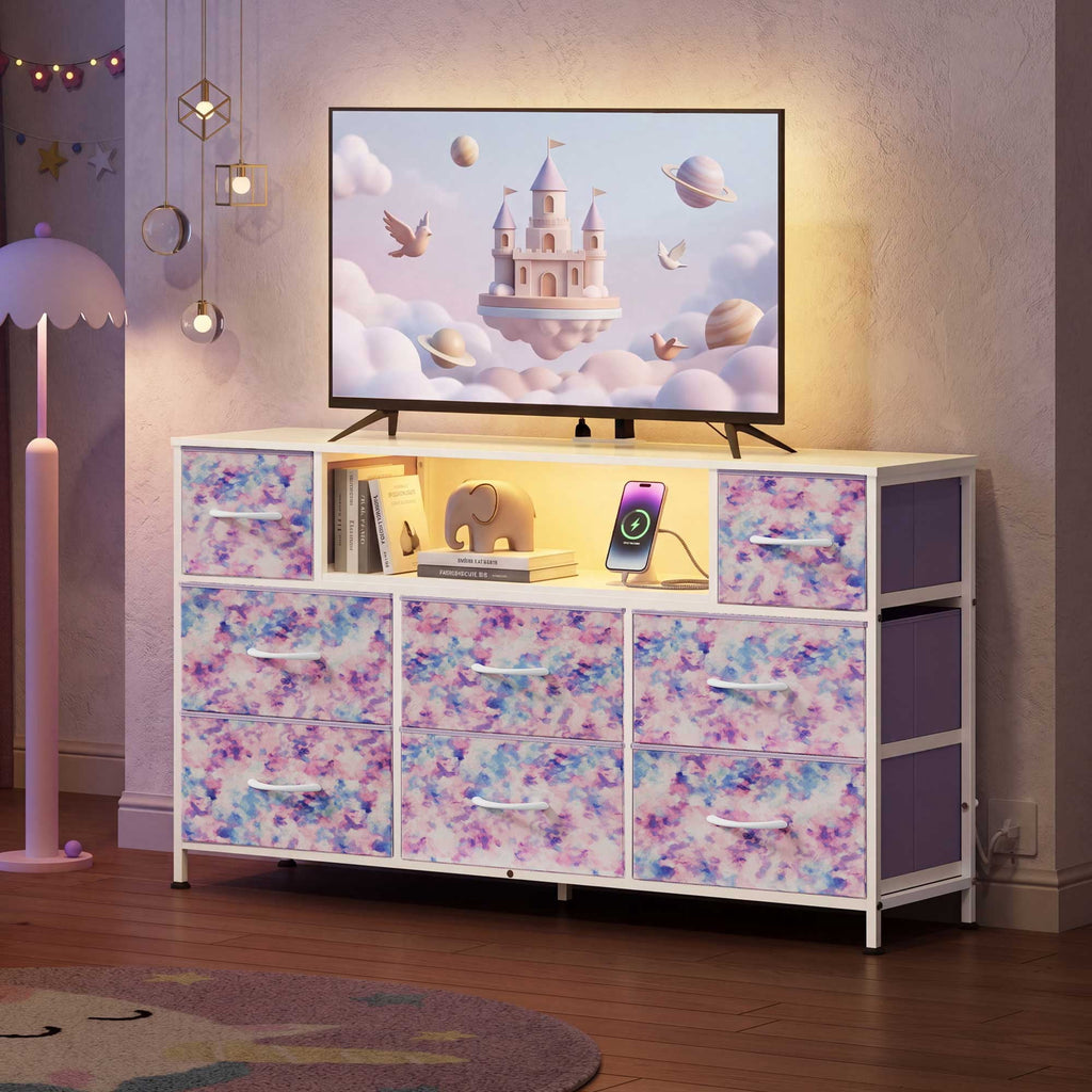 GALAXHERO 8-Drawer Dressers for Bedroom, Dresser TV Stand for 55'' TV with LED Lights and Power Outlets, Fabric Chest of Drawers for Living Room, Entryway