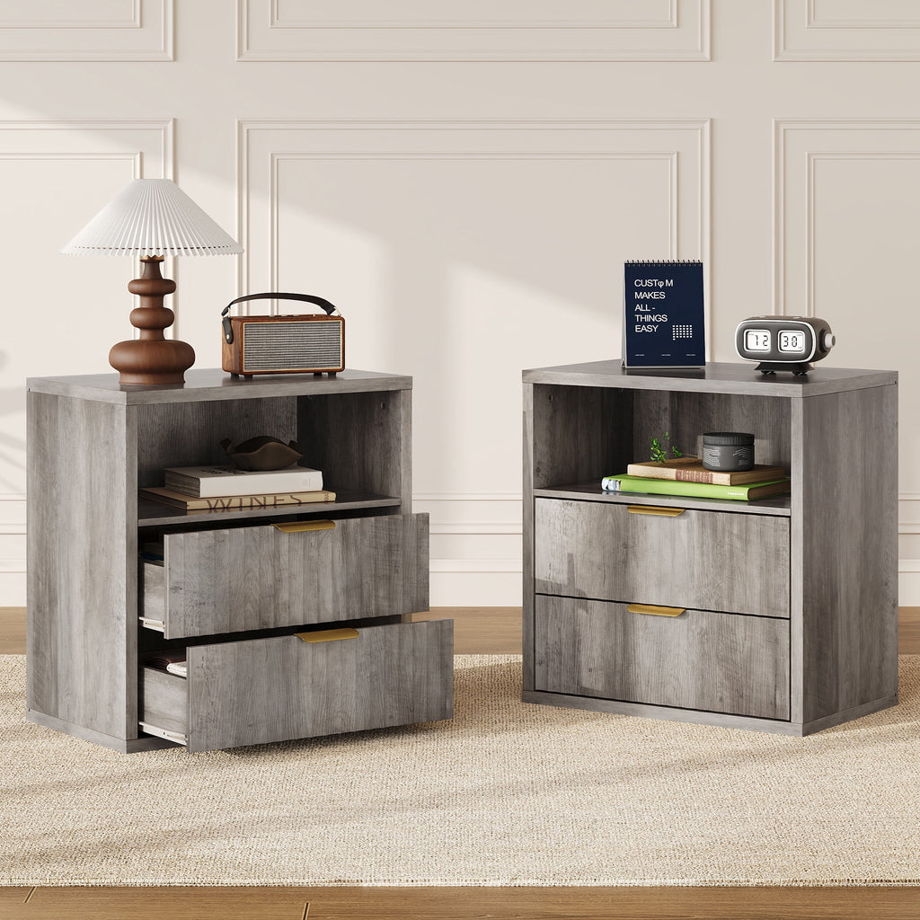GALAXHERO 2 Drawer Nightstands Set of 2, Wood Fluted End Table with Open Shelf, Mid Century Modern Bedside Tables for Bedroom, Living Room