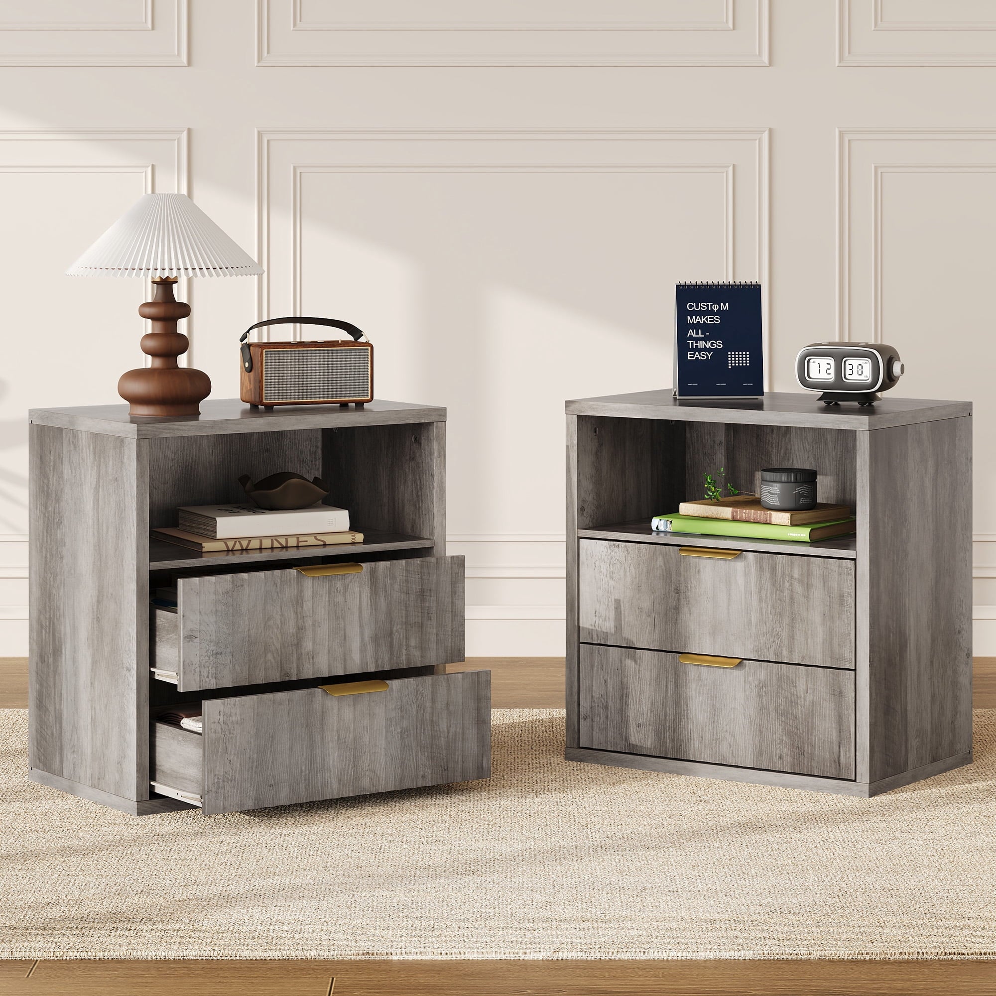 GALAXHERO 2 Drawer Nightstands Set of 2, Wood Fluted End Table with Open Shelf, Mid Century Modern Bedside Tables for Bedroom, Living Room