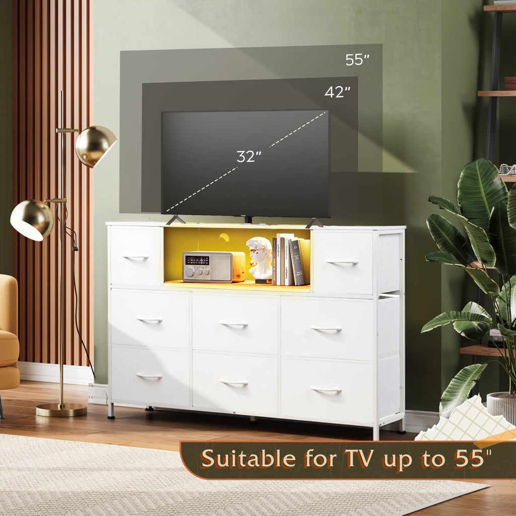 GALAXHERO 8-Drawer Dressers for Bedroom, Dresser TV Stand for 55'' TV with LED Lights and Power Outlets, Fabric Chest of Drawers for Living Room, Entryway