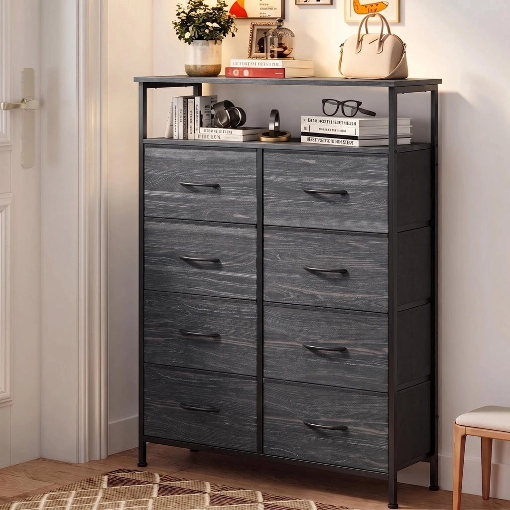 GALAXHERO 8-Drawer Fabric Dresser with Open Shelves, Tall Chest of Drawers with Wooden Top, Storage Tower for Entryway, Bedroom & Closet
