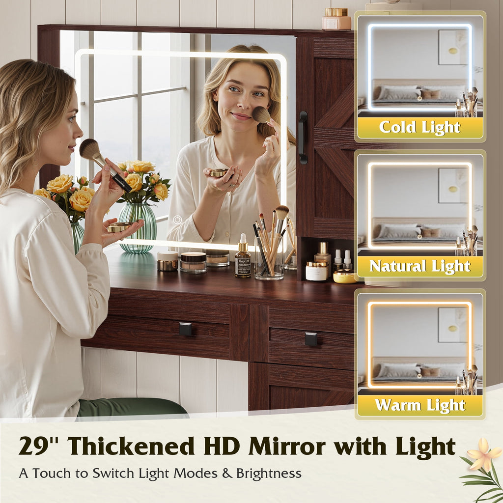 GALAXHERO Farmhouse Vanity Desk, Makeup Table Set with Mirror and Lights, Dressing Table with 2 Drawers and 2 Cabinets, Hair Dryer Holder for Bedroom