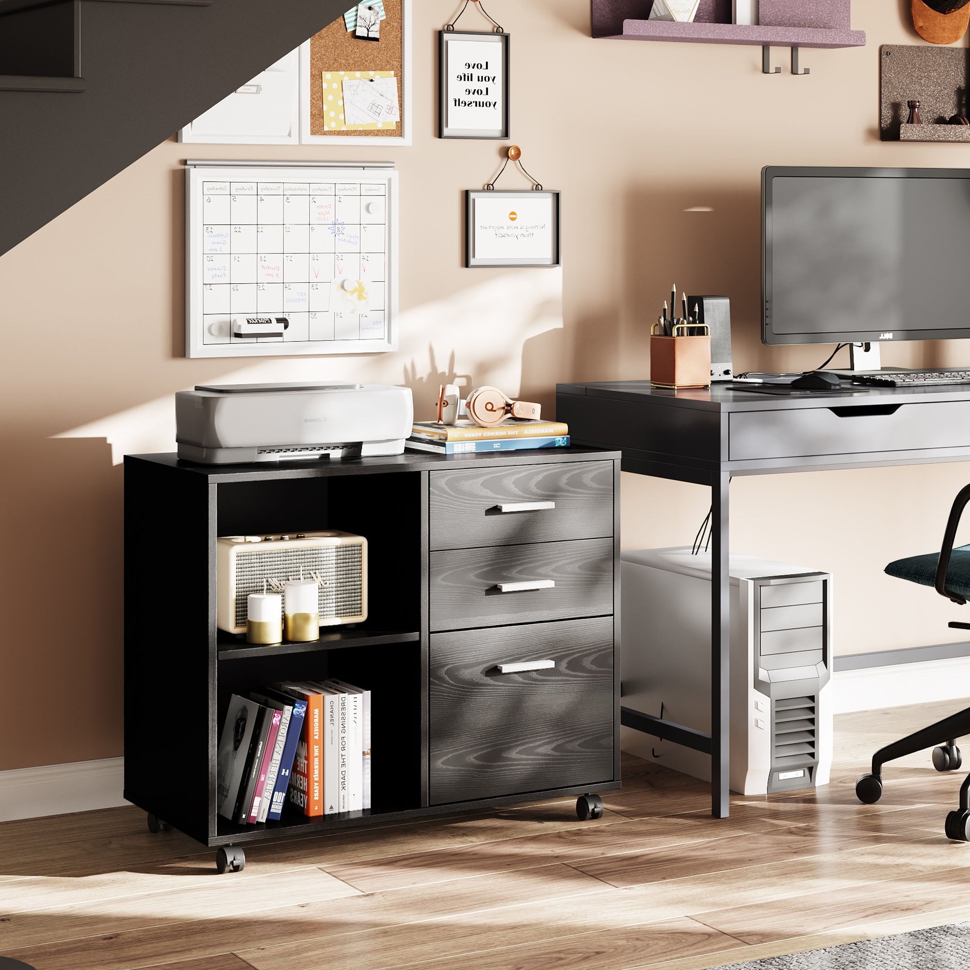 GALAXHERO 3-Drawer Wood Lateral Filing Cabinet, Mobile Printer Stand with Open Shelves for Home Office, Black