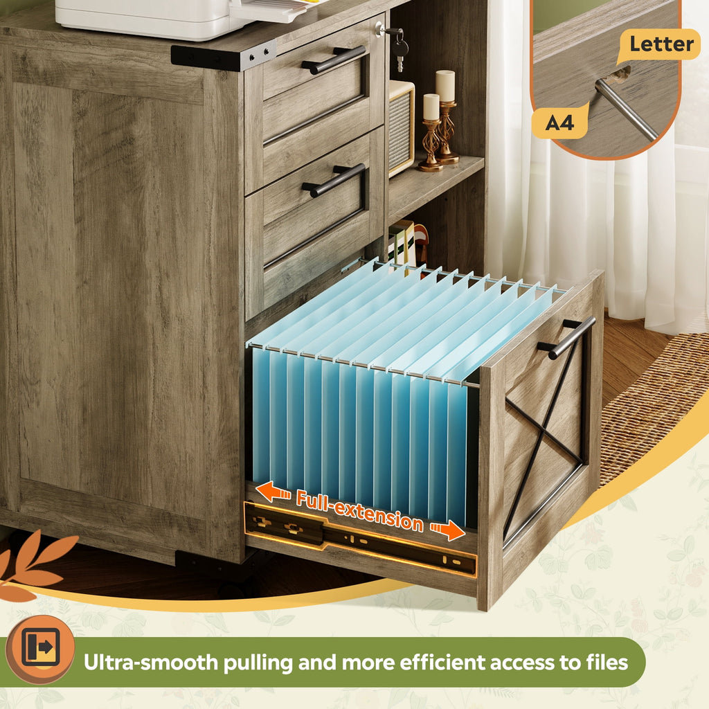 GALAXHERO 3-Drawer Locking File Cabinet, Wood Filing Cabinets with Charging Station, Rolling Printer Stand for Home Office