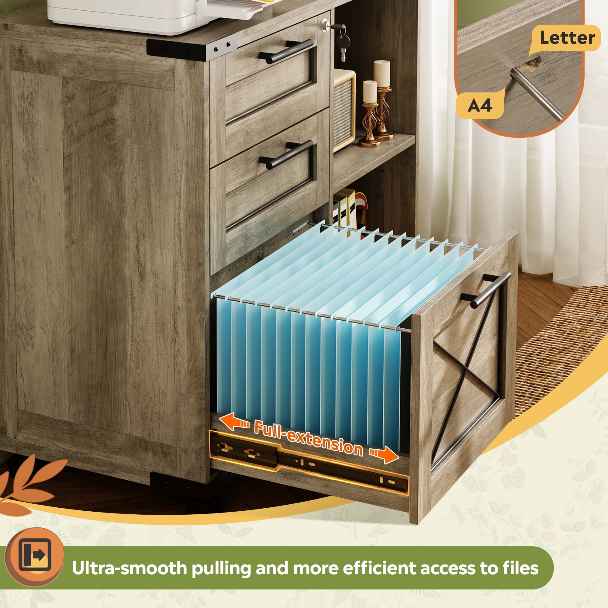 GALAXHERO 3-Drawer Locking File Cabinet, Wood Filing Cabinets with Charging Station, Rolling Printer Stand for Home Office