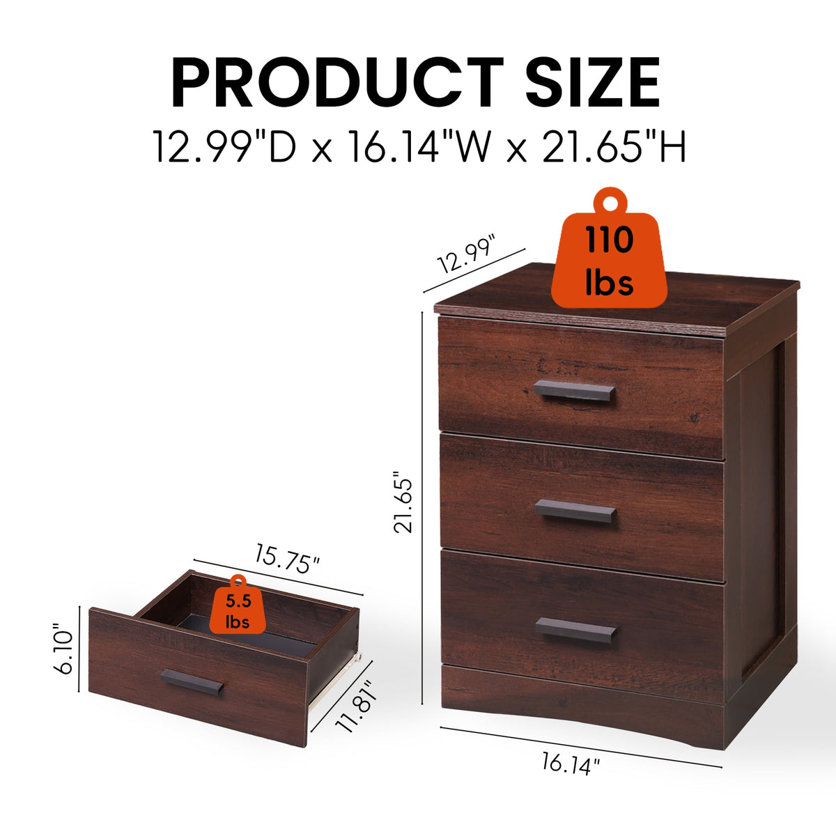 GALAXHERO 3 Drawer Night Stands for Bedroom, Tall Nightstand with Storage Cabinets, Wooden Bedside Table for Living Room Dorm