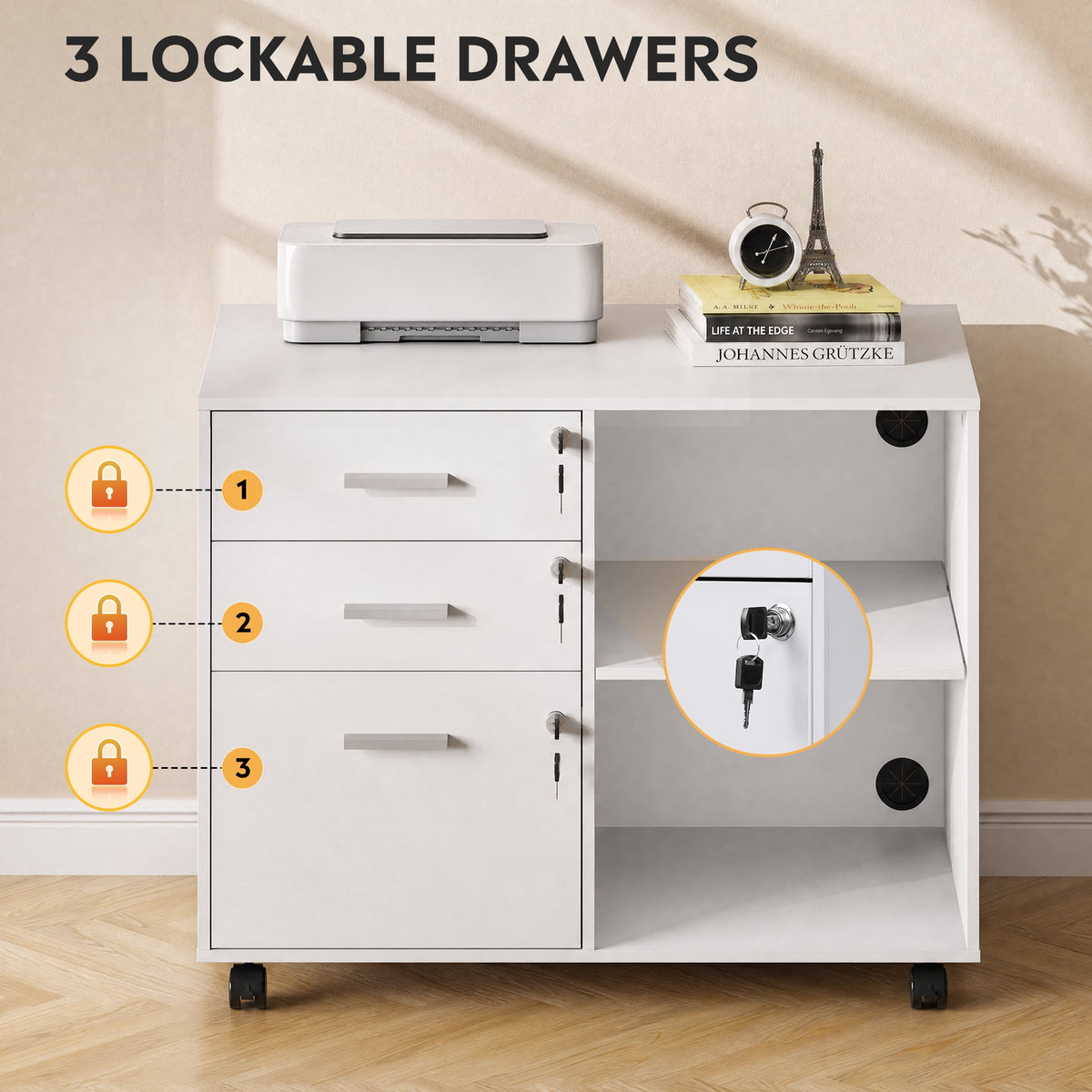 GALAXHERO 3-Drawer File Cabinet with Lock and Key, Mobile Wood Lateral Filing Cabinet & Printer Stand with Open Shelves for Home Office