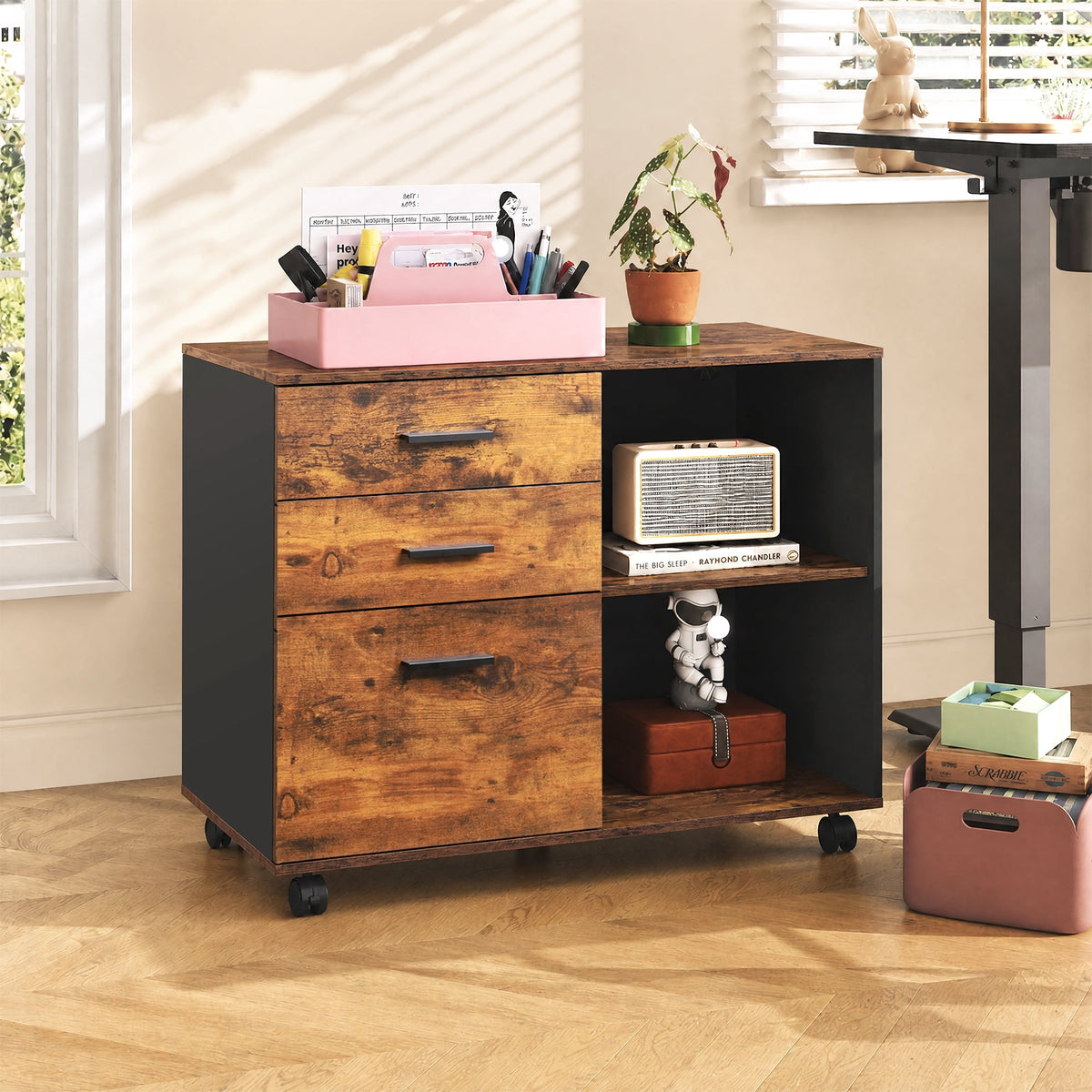 GALAXHERO 3-Drawer Filing Cabinet, Mobile Lateral File Cabinet, Printer Stand with Open Shelves, Wood Office Cabinet