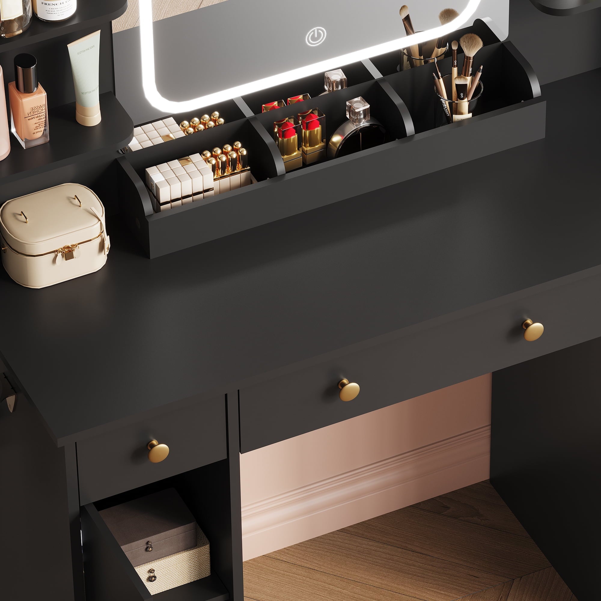 GALAXHERO White Vanity Desk with Lighted Mirror and Chair, RGB Lights, Charging Station, Makeup Table with 3 Drawers and 2 Cabinets, Vanity Stools with Storage for Bedroom