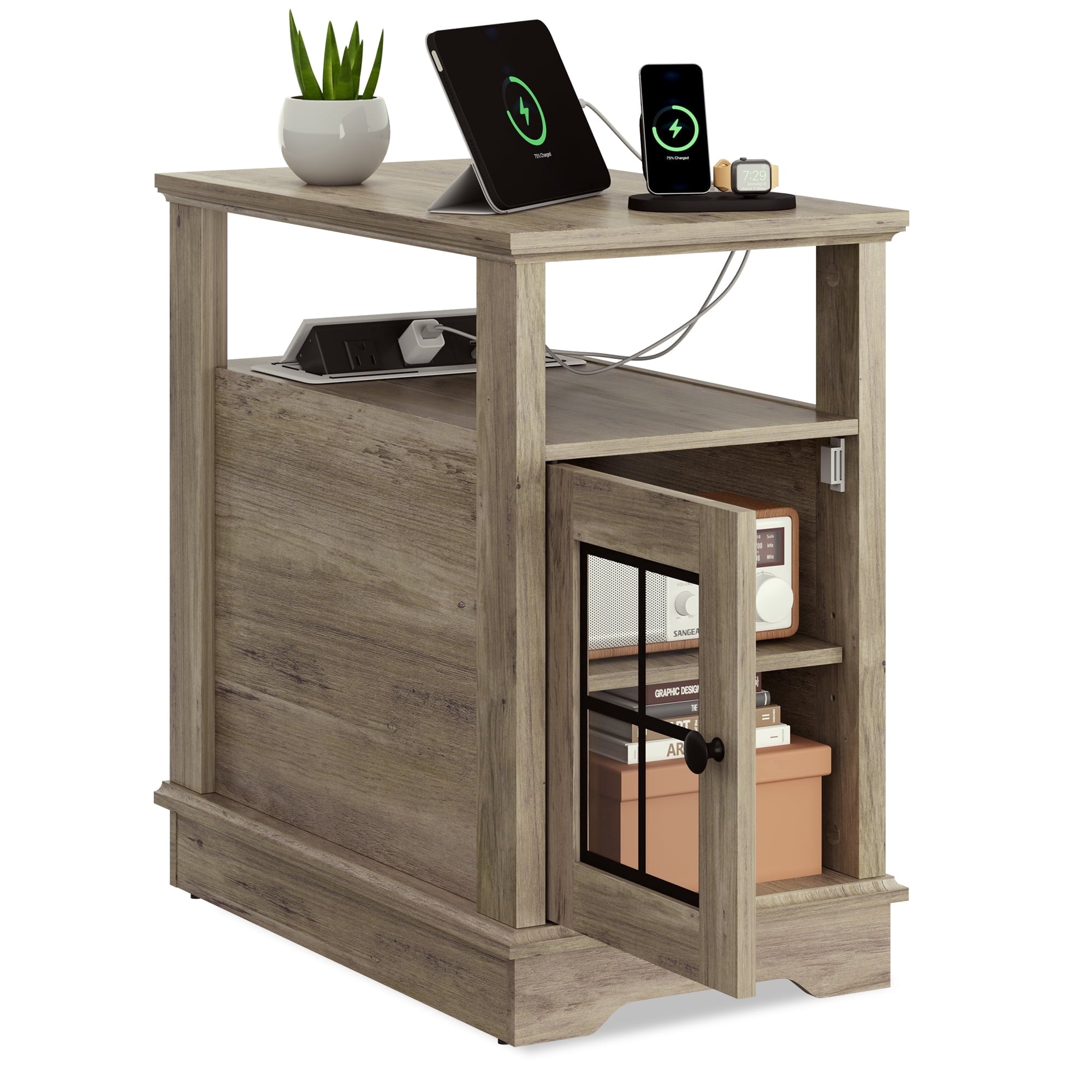 GALAXHERO Farmhouse End Table with Storage Narrow Side Table for Living Room  Small Table with USB Ports and Outlets for Bedroom