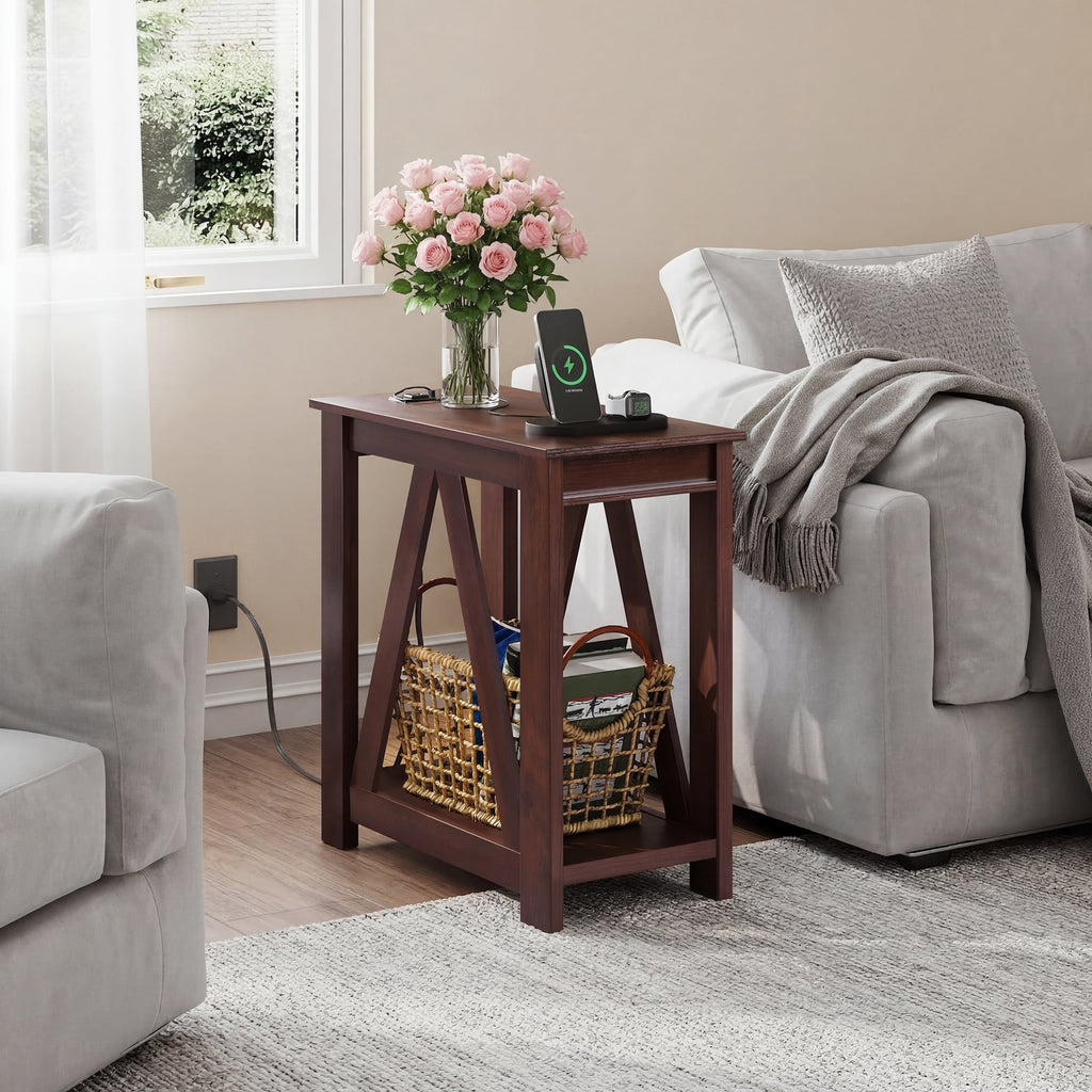 GALAXHERO Narrow End Table with Charging Station and Open Storage Shelf Sofa Side Table with 2 USB Ports and 2 Power Outlets, Slim Farmhouse End Table for Small Spaces, Bedroom, Living Room