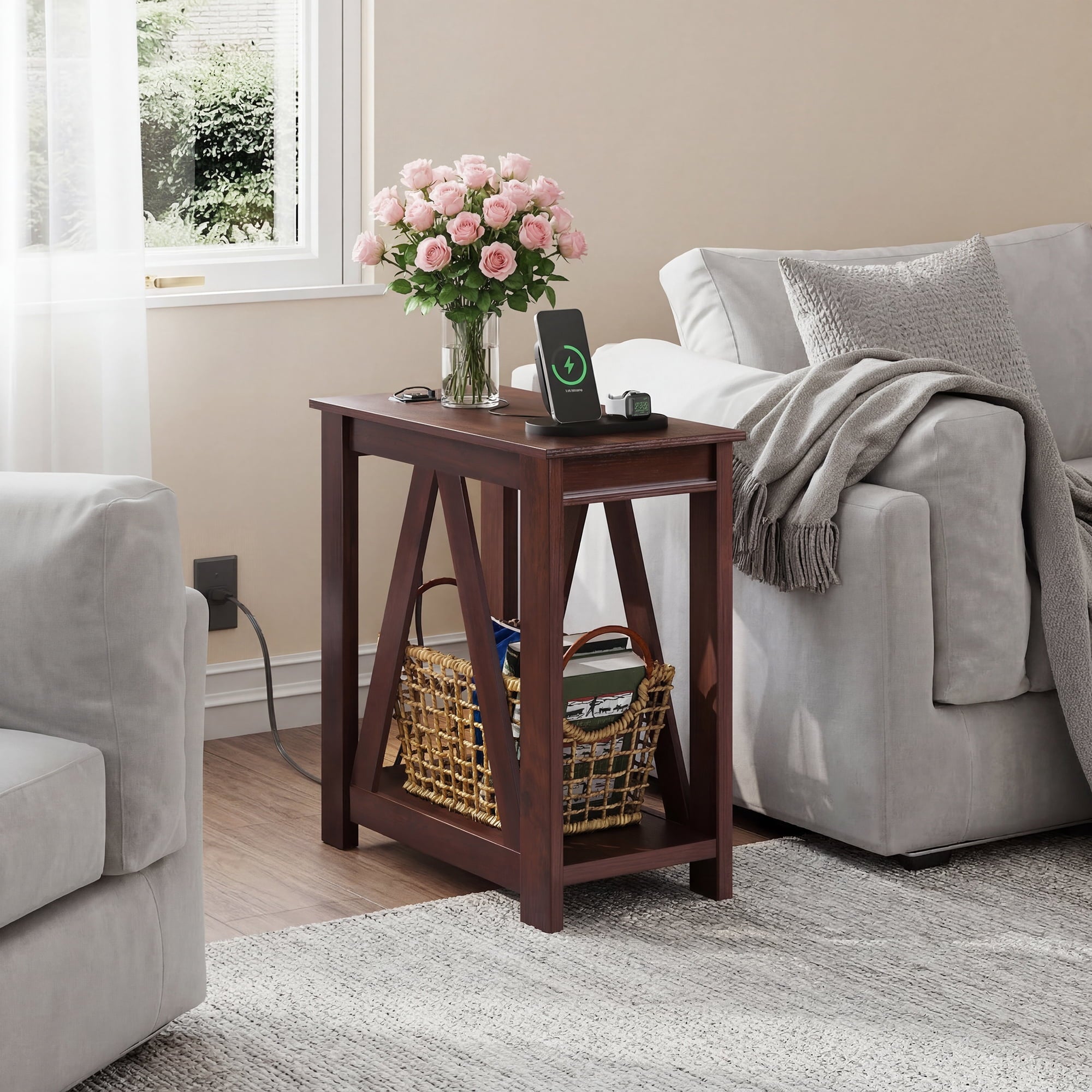 GALAXHERO Narrow End Table with Charging Station and Open Storage Shelf Sofa Side Table with 2 USB Ports and 2 Power Outlets, Slim Farmhouse End Table for Small Spaces, Bedroom, Living Room