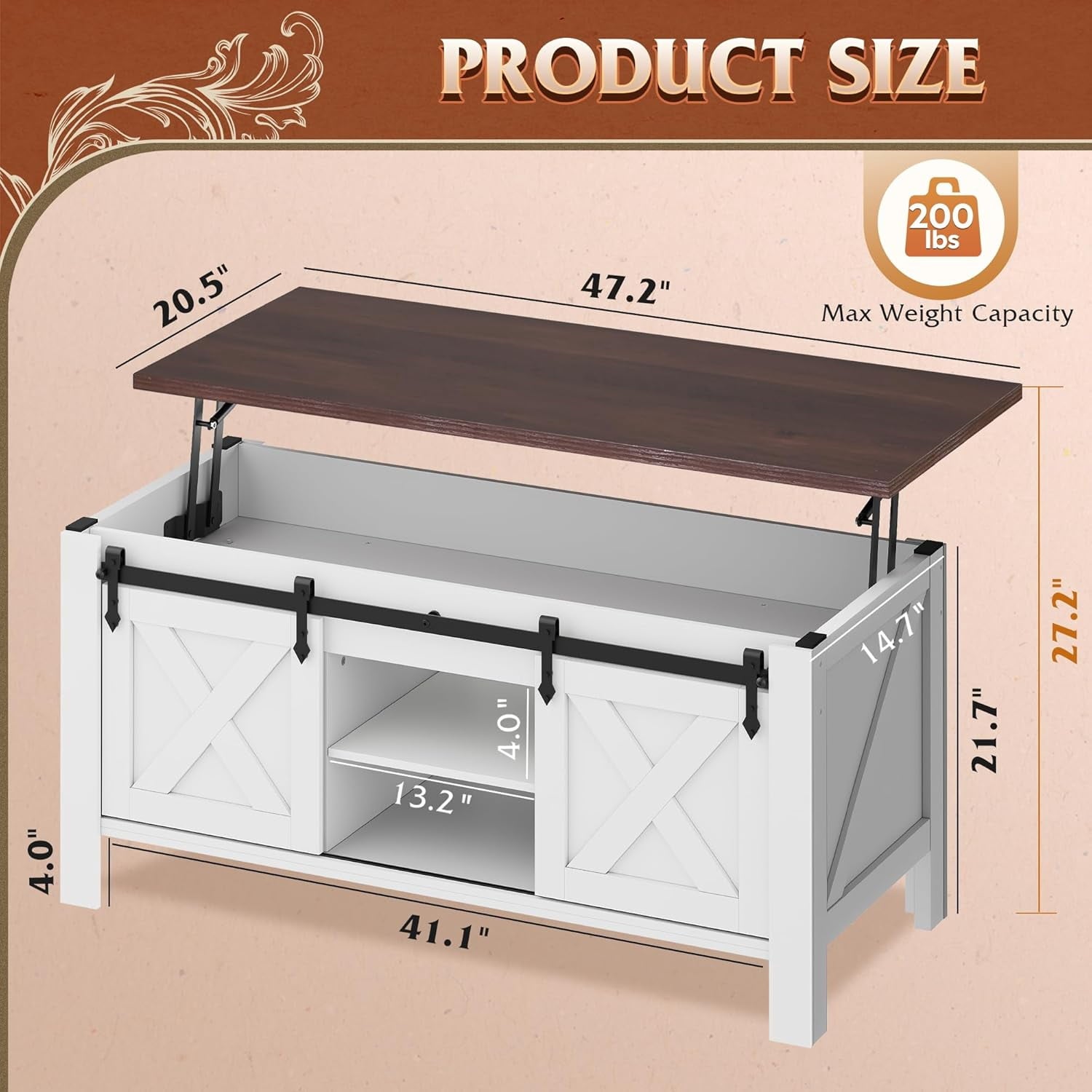 GALAXHERO 47.3" Farmhouse Lift Top Coffee Table with Sliding Barn Doors, Large Hidden Storage Compartment and Adjustable Shelf for Living Room, Office