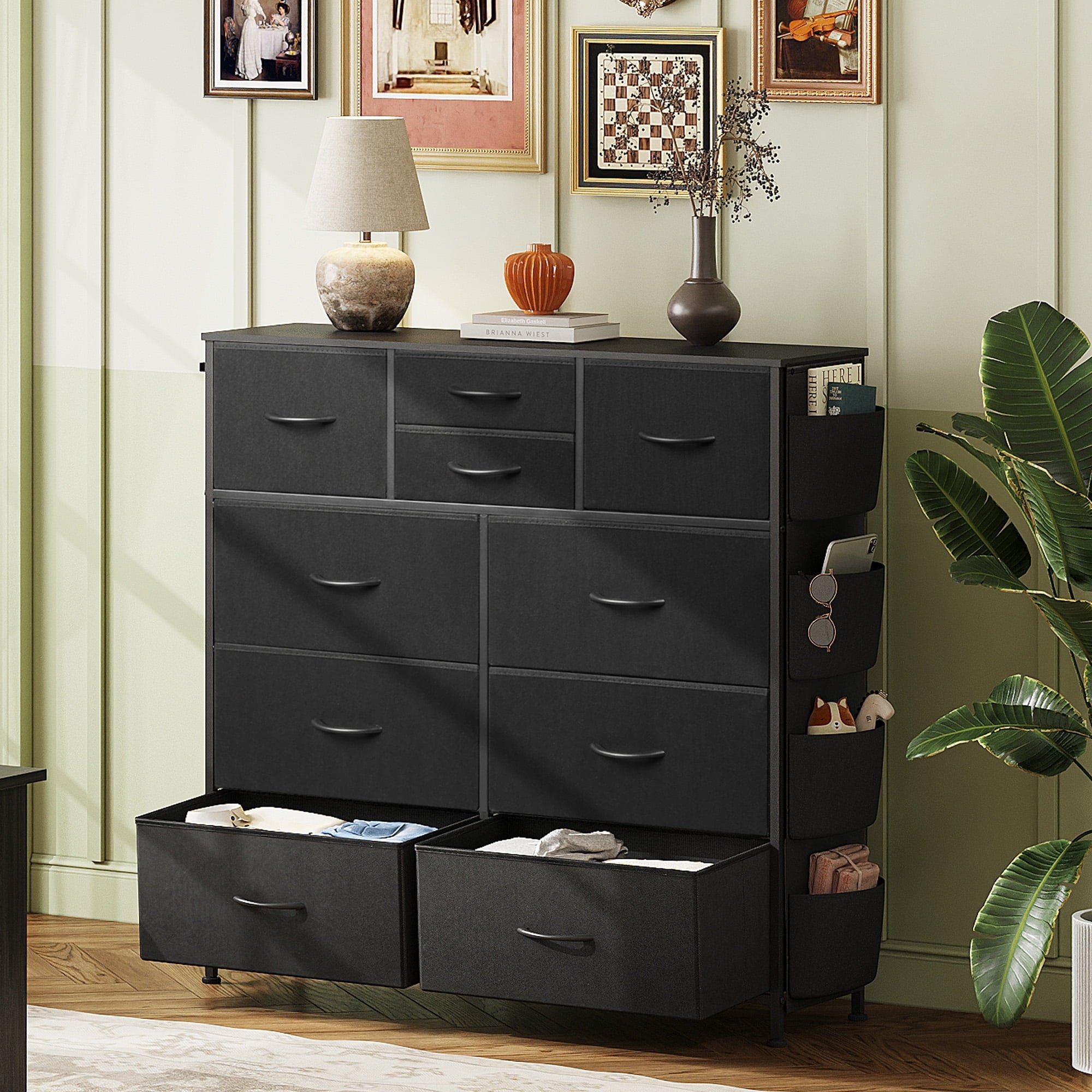 GALAXHERO 10-Drawer Fabric Dresser, Sturdy Metal Frame Organizer Unit with Side Pockets and Hooks for Bedroom, Living Room, Hallway