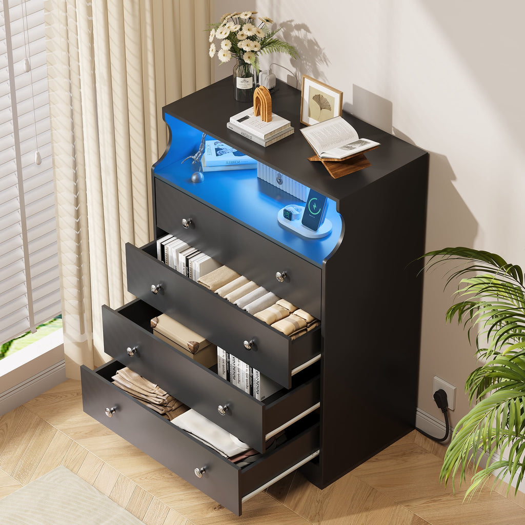 GALAXHERO 4 Drawers Dresser for Bedroom, Tall  Dressers with LED Open Shelf, Modern Chest of Drawers with Charging Station, Wood Closet Clothes Organizer Storage Cabinet