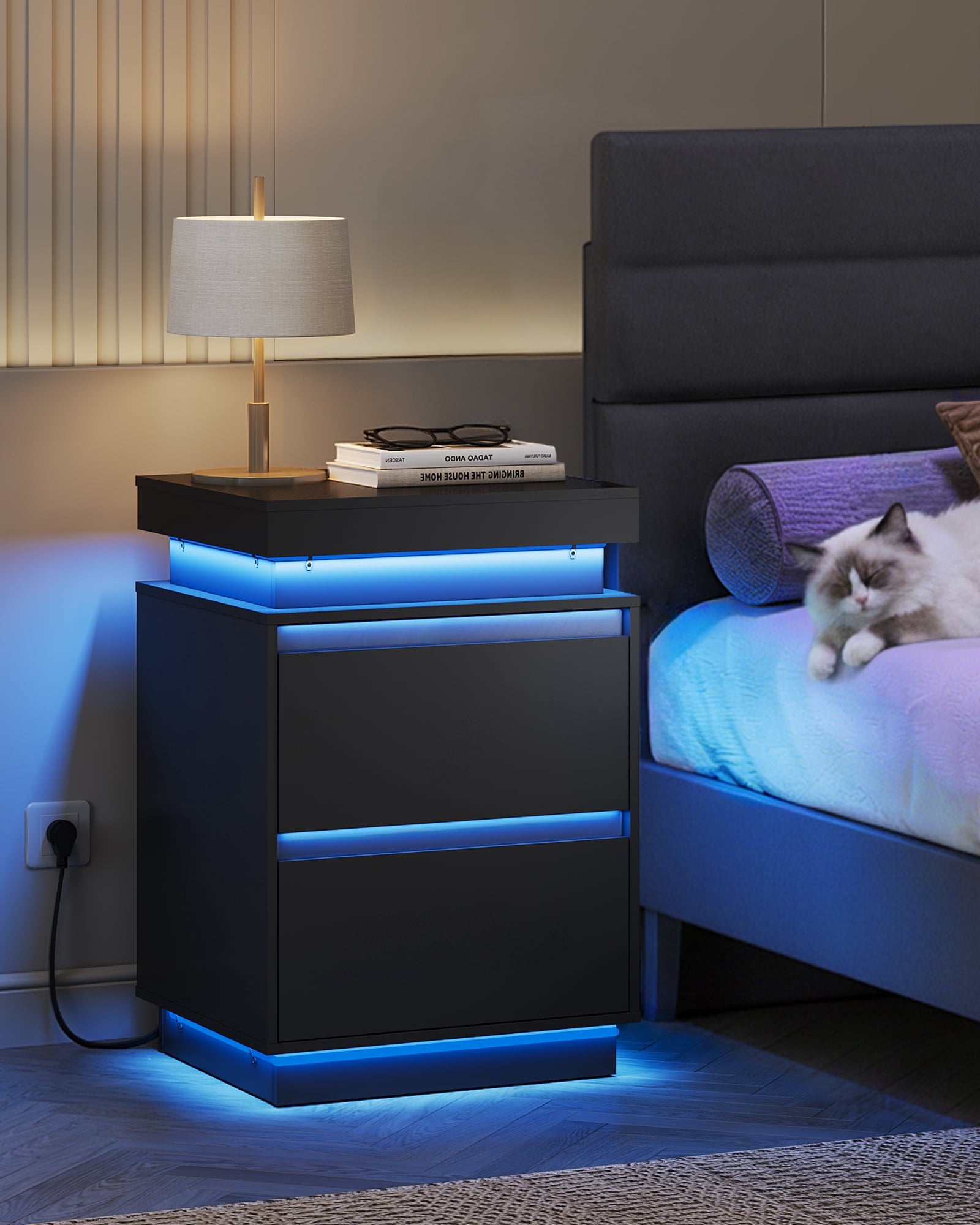 GALAXHERO  Nightstand with Charging Station and LED Lights, Modern 2 Drawers Bedside Table with Sliding Top, End Side Table for Bedroom, Living Room