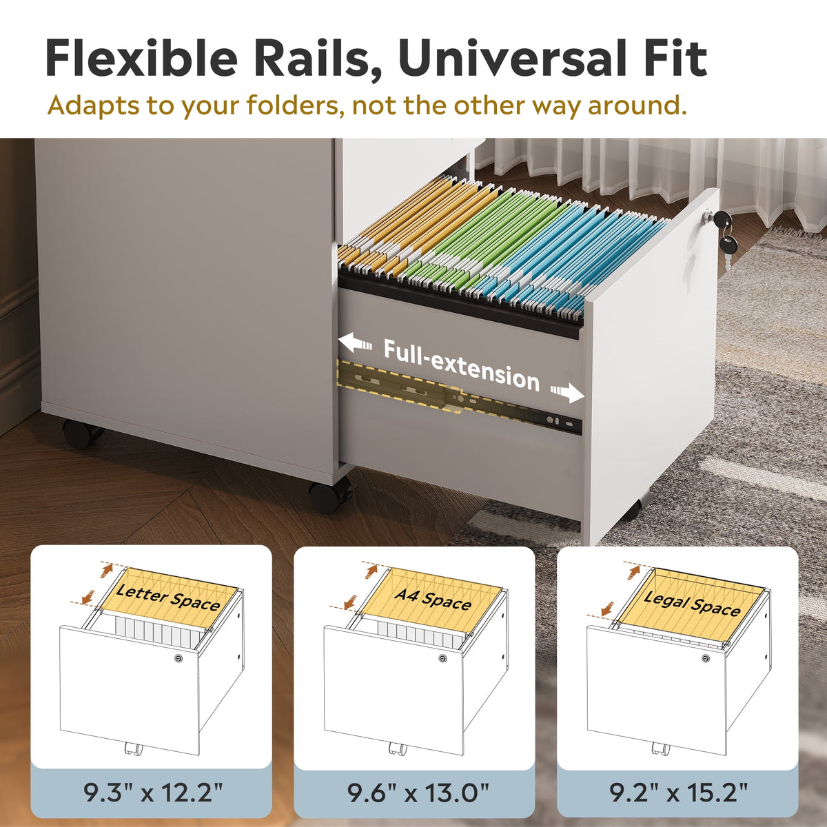GALAXHERO 3 Drawers Storage Cabinet with Lock, Rolling Wood File Cabinet, Vertical Filing Cabinet for Home Office, Fits Letter/A4