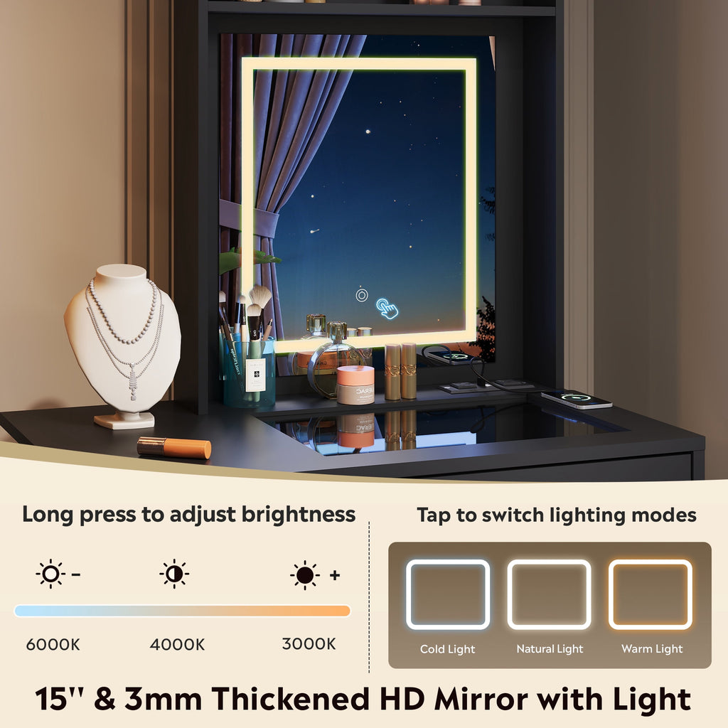 GALAXHERO Vanity Desk with Lighted Mirror and Glass Top, Makeup Vanity Chair with Storage, Fold-up Panel, 2 Drawers Dressing Table for Bedroom