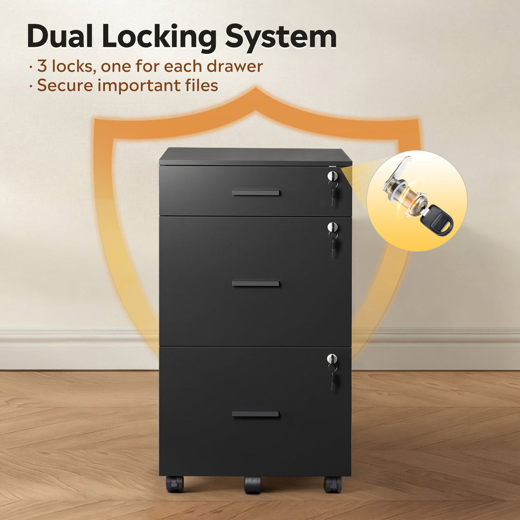 GALAXHERO Filing Cabinet with Lock and Key, 3 Drawer Rolling File Cabinet, Wood File Cabinet for Home Office, Fits Letter/A4 Size