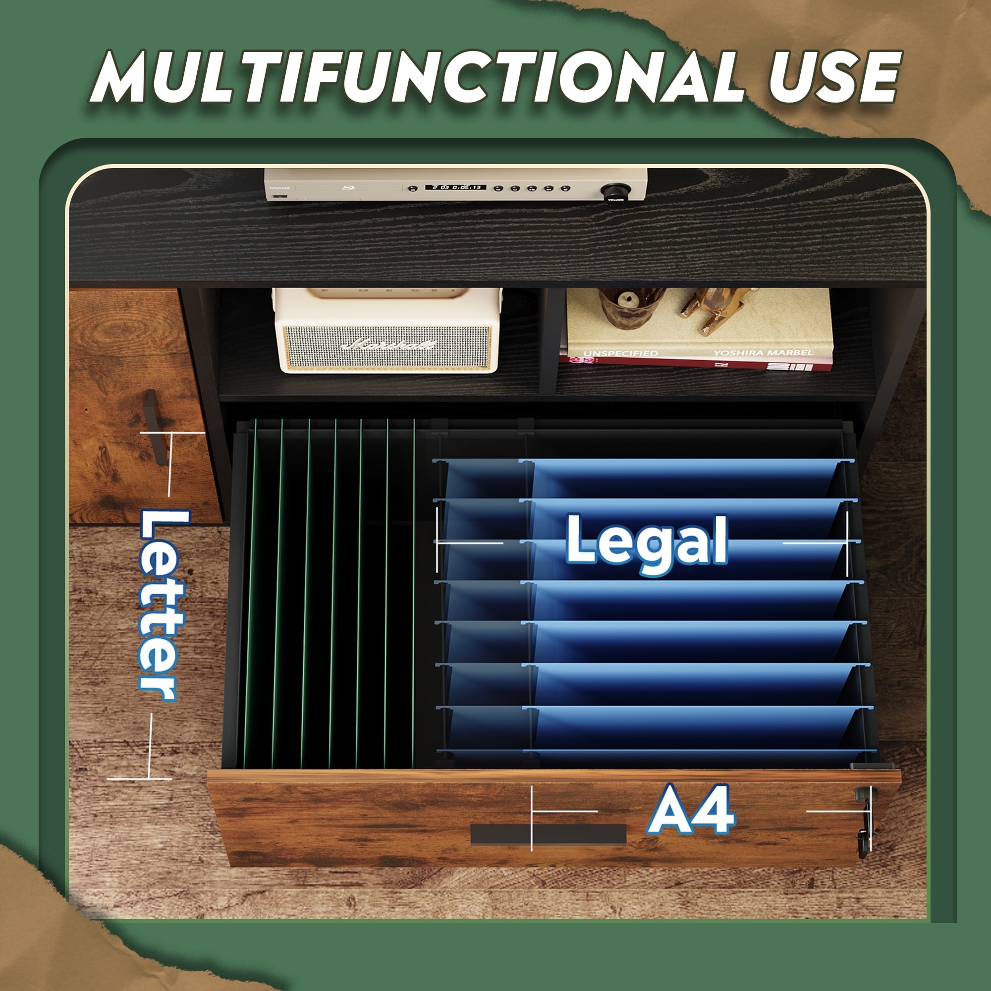 GALAXHERO Lateral File Cabinet with Lock, Rolling Wood Cabinet for Home Office, Printer Stand with Shelf, Fit Legal/A4 Size