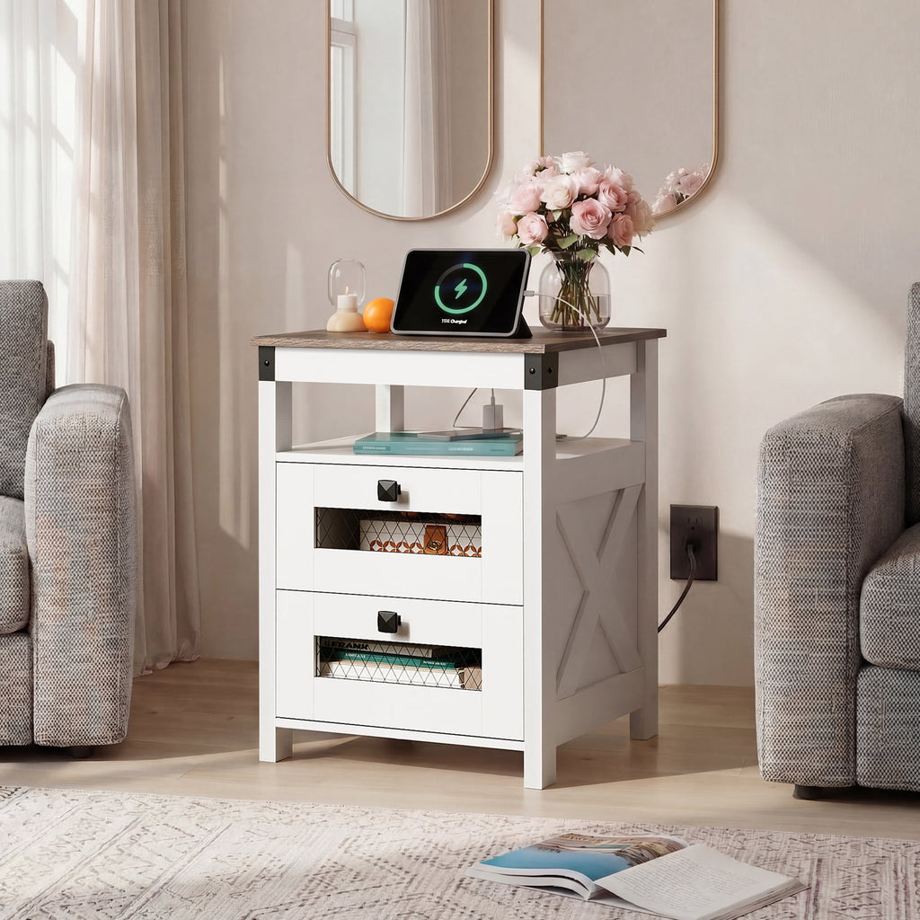 GALAXHERO Nightstand with Charging Station, Farmhouse End Table, Bed Side Table with 2 Storage Drawers and Open Shelf, Wood Rustic Nightstands for Bedroom