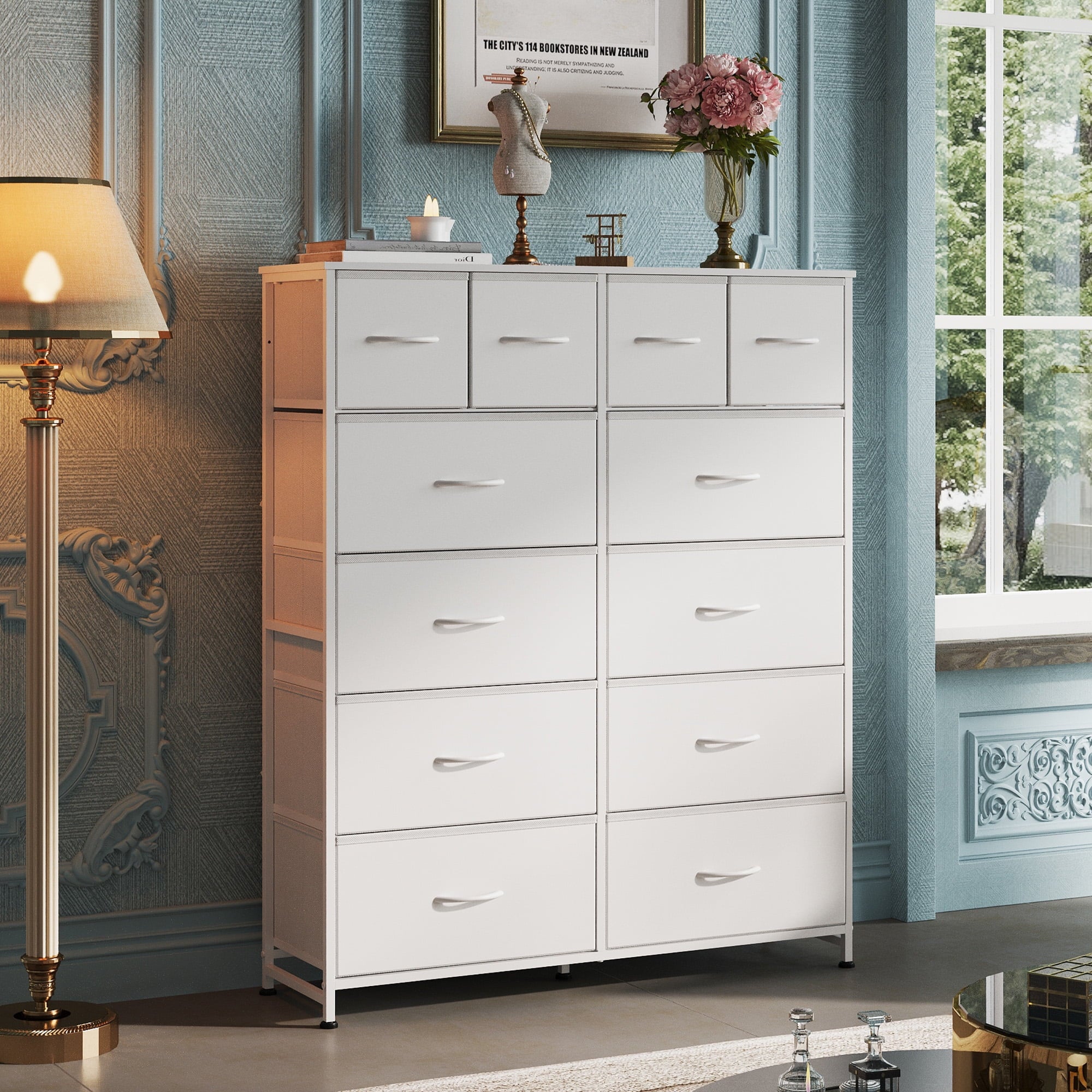 GALAXHERO 12-Drawer Tall Fabric Dresser with Wood Top and Steel Frame, Storage Chest of Drawers for Bedroom, Closet