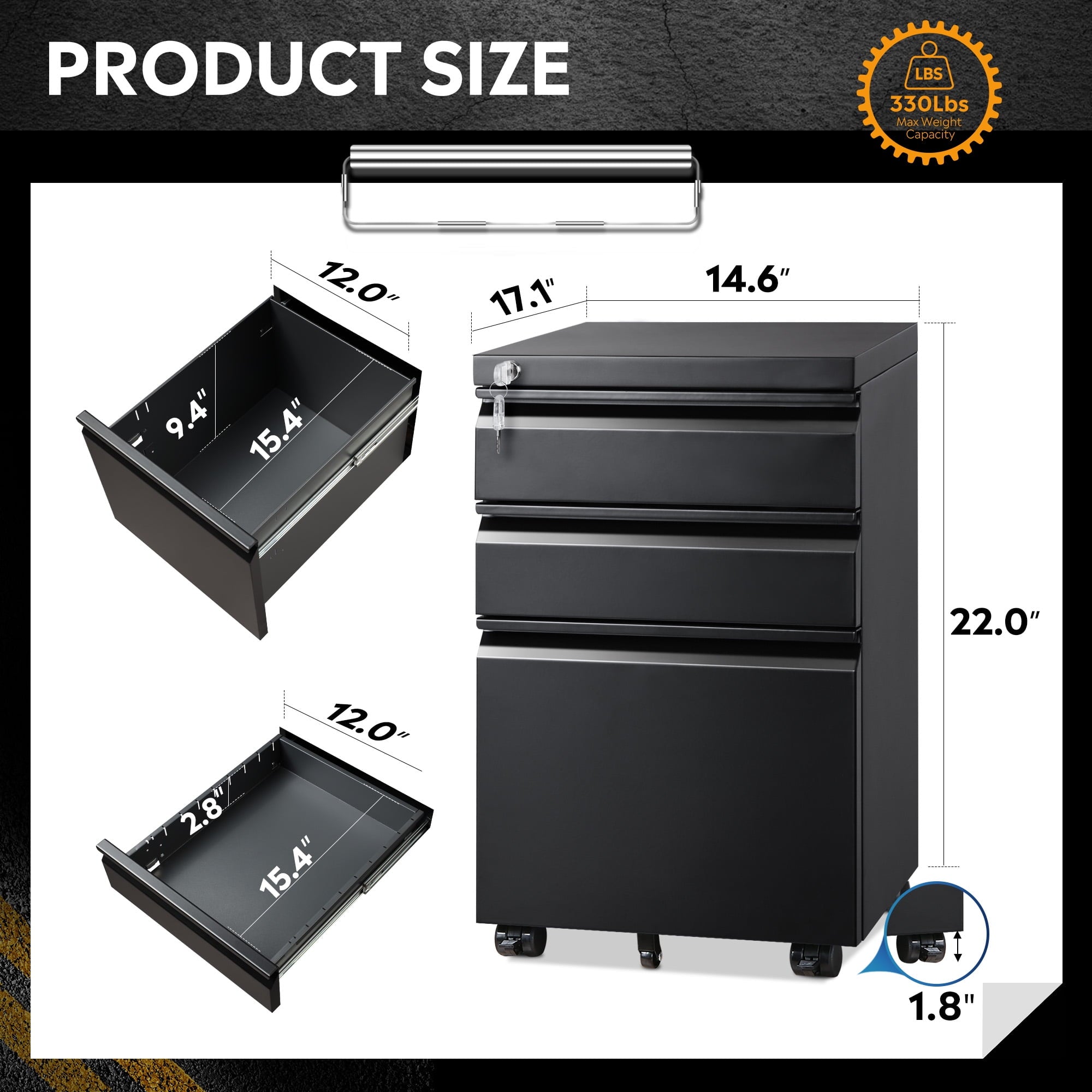 GALAXHERO 3 Drawer Metal File Cabinet with Lock, Mobile Printer Cabinet & Small Under Desk Filing Cabinet for Home Office, Fits Legal/Letter/A4