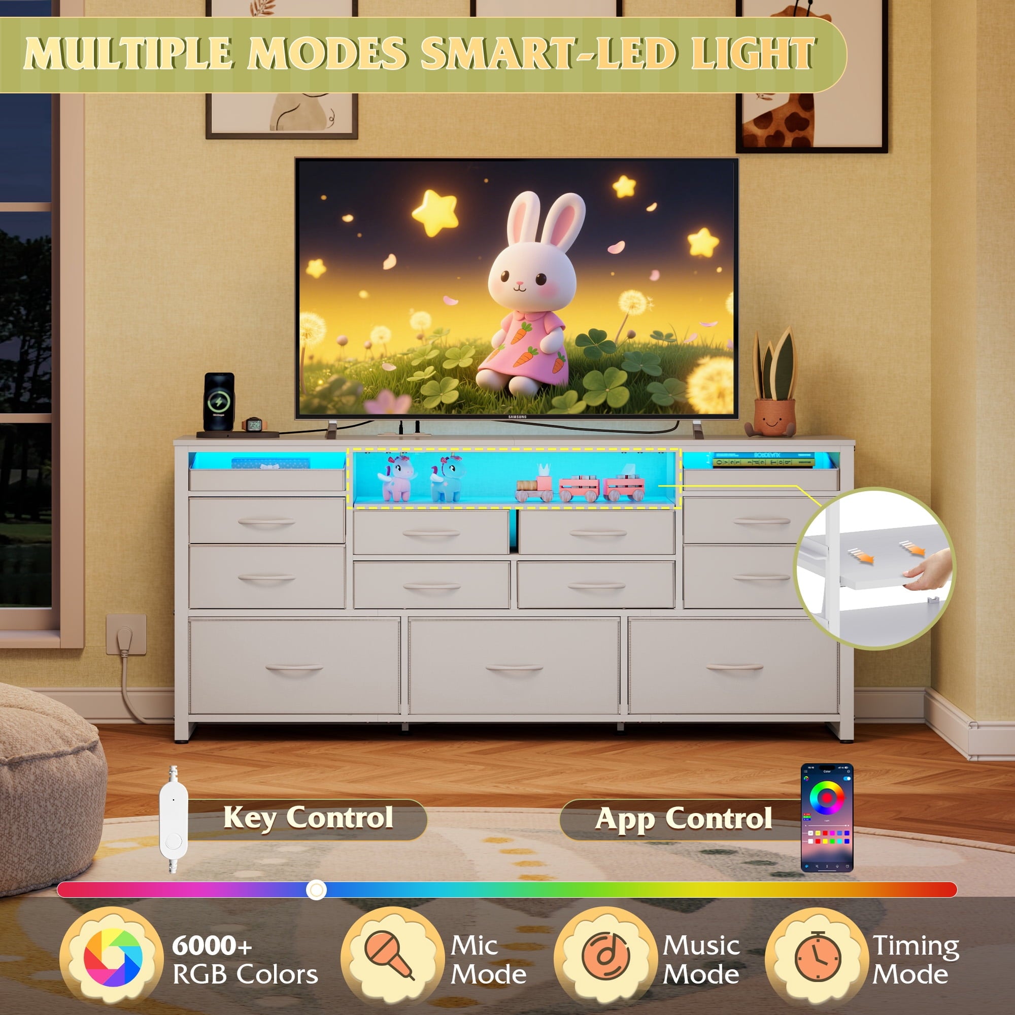 GALAXHERO 13 Fabric Drawers Dresser for Bedroom, TV Stand for 55, Entertainment Center with LED Lights & Charging Station, Media Console Table with Open Shelves for Living Room, Charcoal