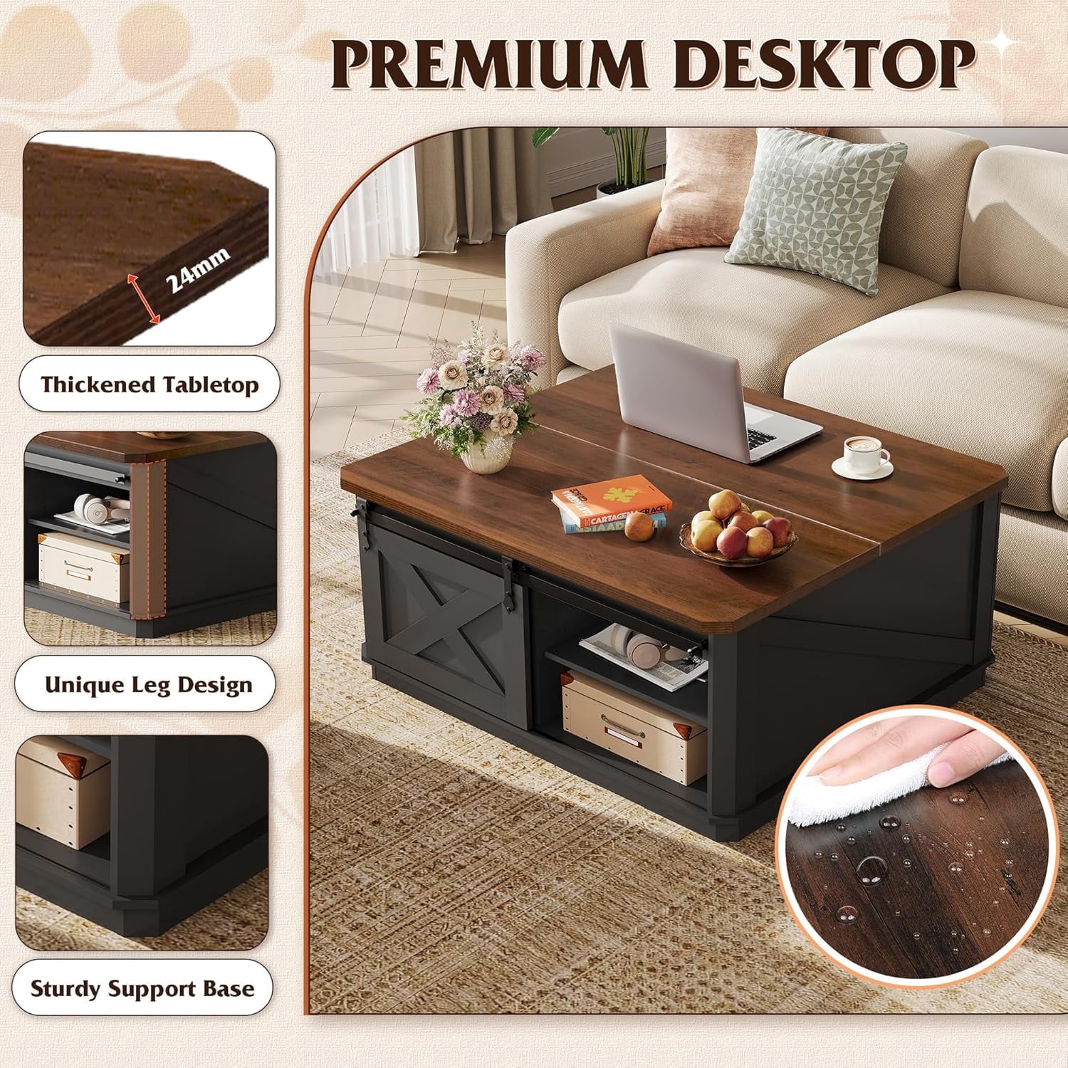 GALAXHERO Lift Top Coffee Table for Living Room 35.5" Framhouse Coffee Table with Storage, Square Center Table Rustic Cocktail Table with Sliding Barn Doors, Curevd Base