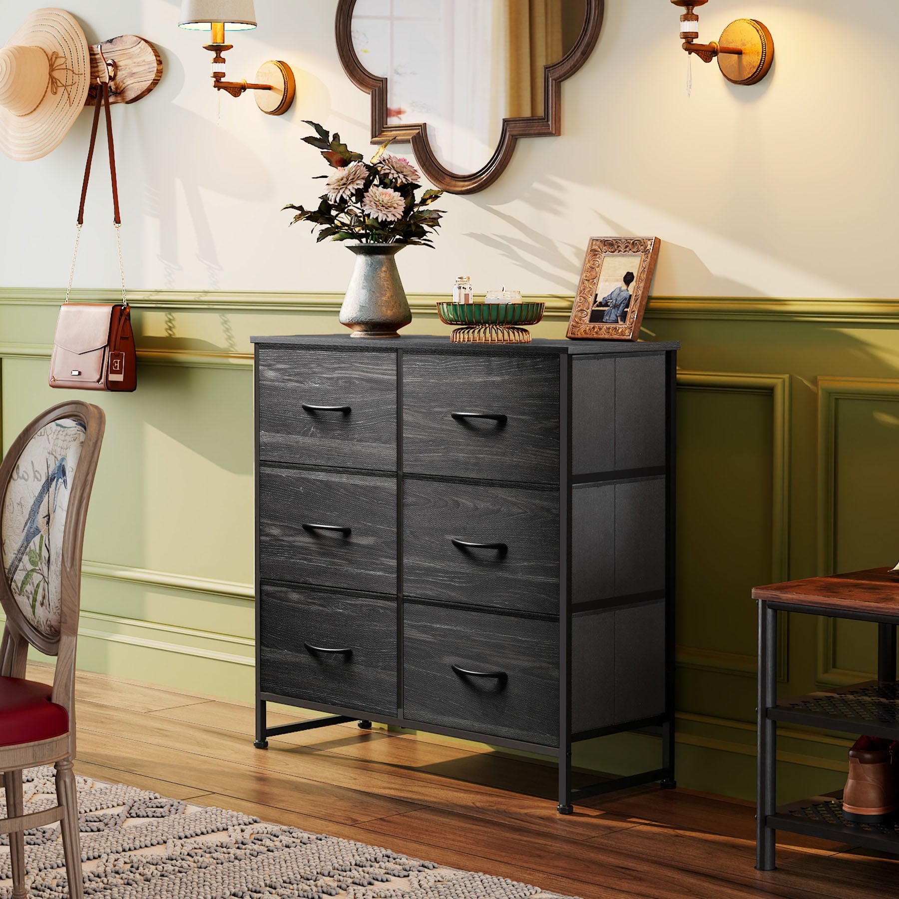 GALAXHERO 6 Drawer Dresser, Black Fabric Double Dresser, Storage Tower with Fabric Bins, Chest of Drawers for Bedroom, Closet, Living Room, Hallway,Charcoal Black Wood Grain Print
