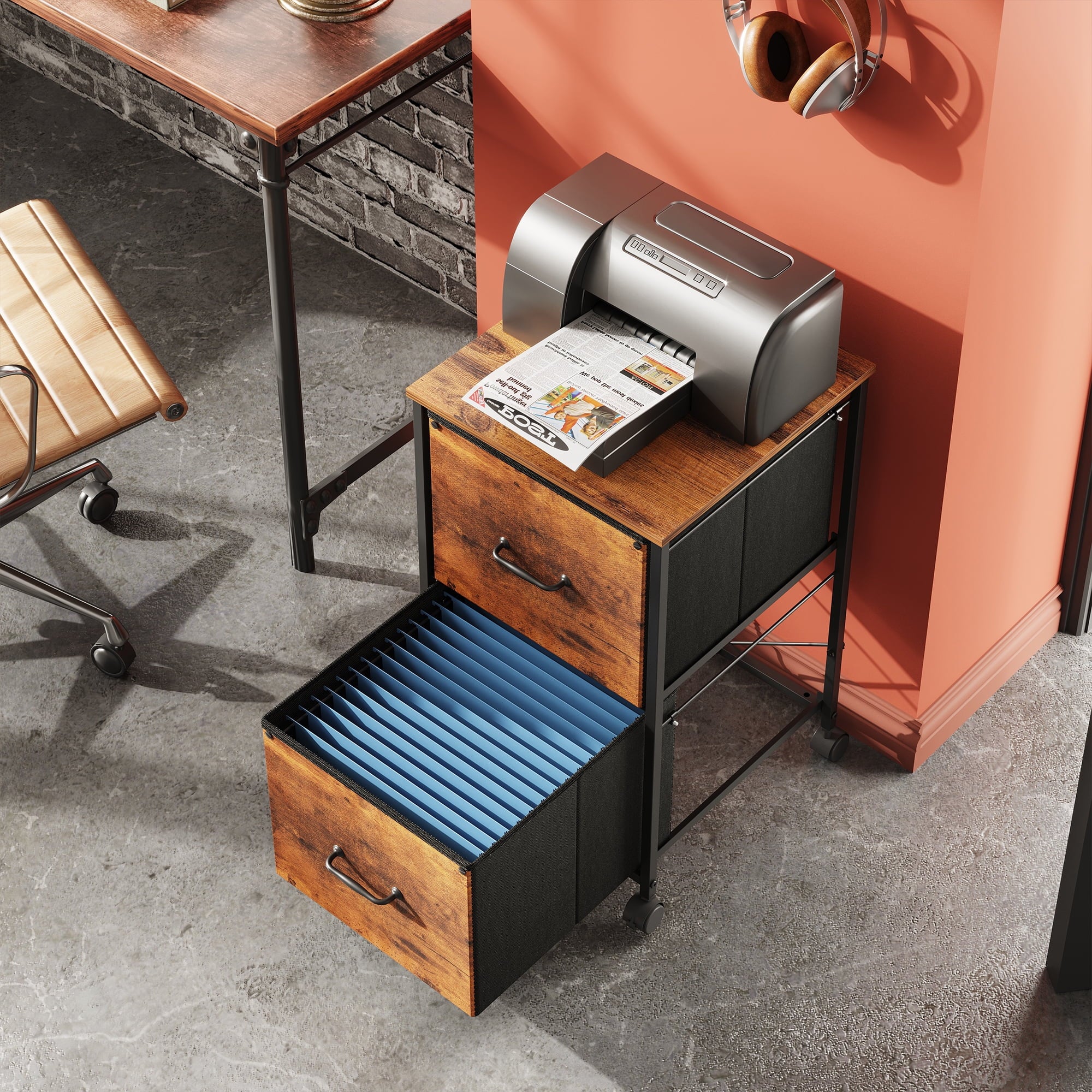 GALAXHERO 2 Drawer File Cabinet, Rolling Printer Stand Filing Cabinets for Home Office, Fabric Vertical File Cabinet Fits A4 or Letter Size, Wood Grain Print
