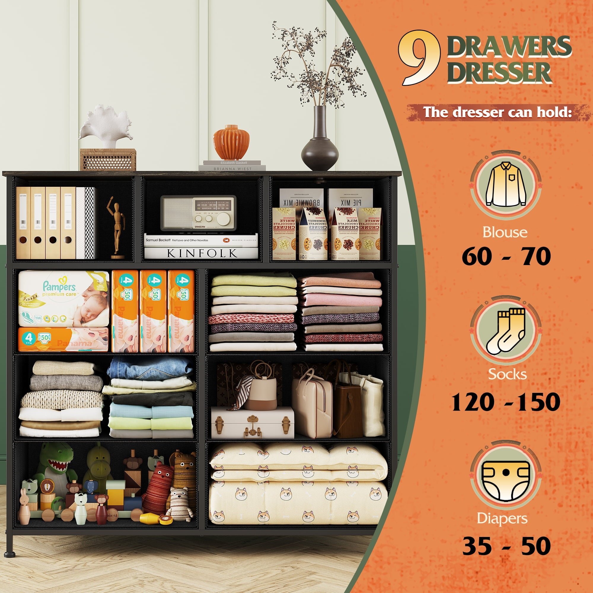 GALAXHERO 9-Drawer Fabric Dresser, Tall Storage Tower for Bedroom, Hallway, Entryway, Closet, Chest Organizer Unit with Fabric Bins, Steel Frame, Wood Top, Wood Grain Print