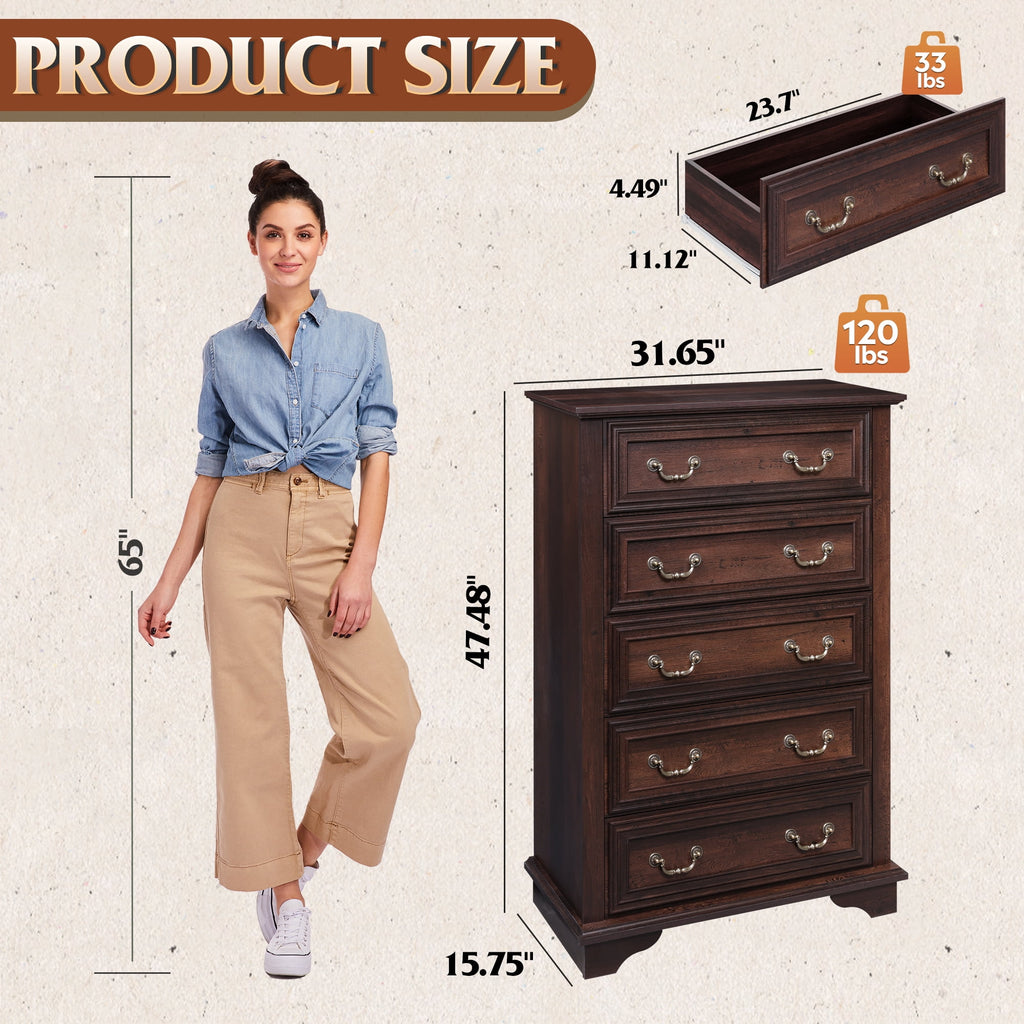 GALAXHERO Farmhouse 5 Drawers Dresser for Bedroom, Tall Wood Dresser with Roman Metal Handle, Chest of Drawers for Living Room, Hallway, Closet