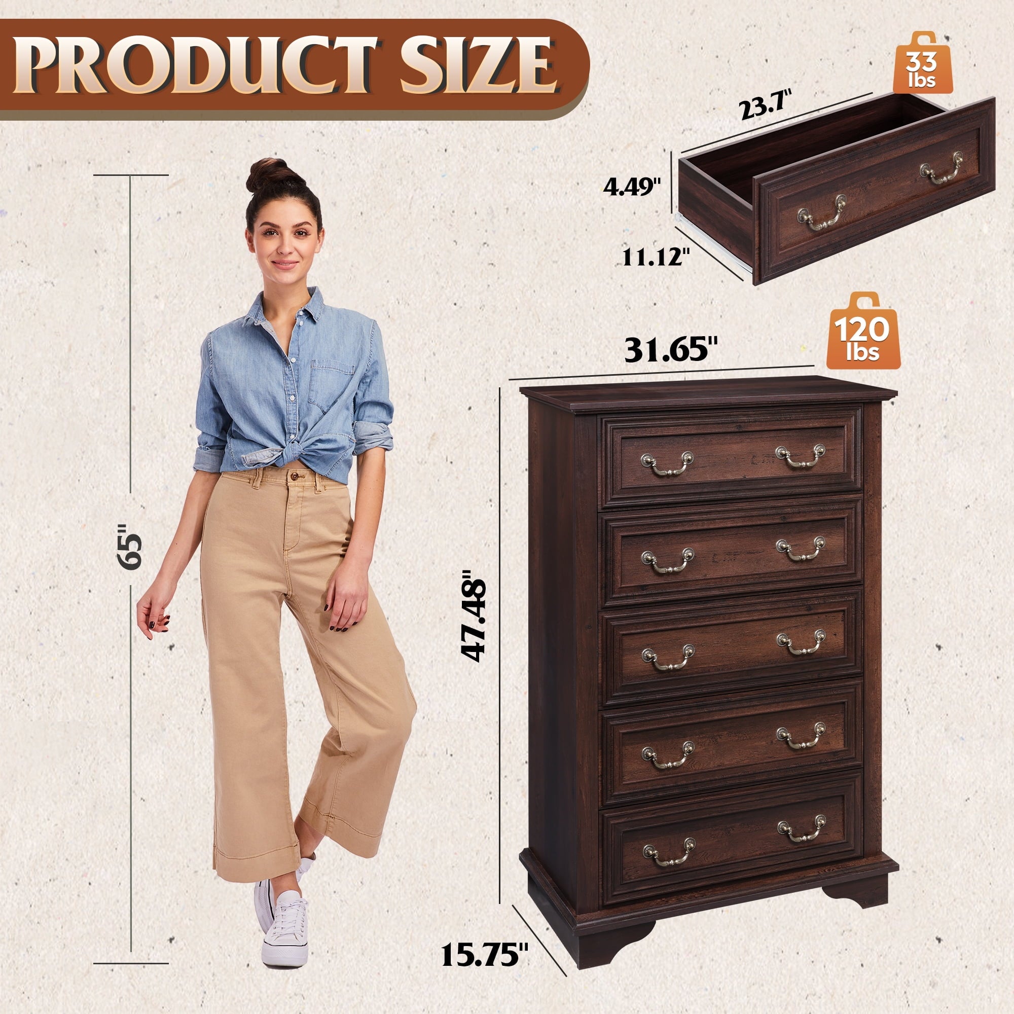GALAXHERO Farmhouse 5 Drawers Dresser for Bedroom, Tall Wood Dresser with Roman Metal Handle, Chest of Drawers for Living Room, Hallway, Closet