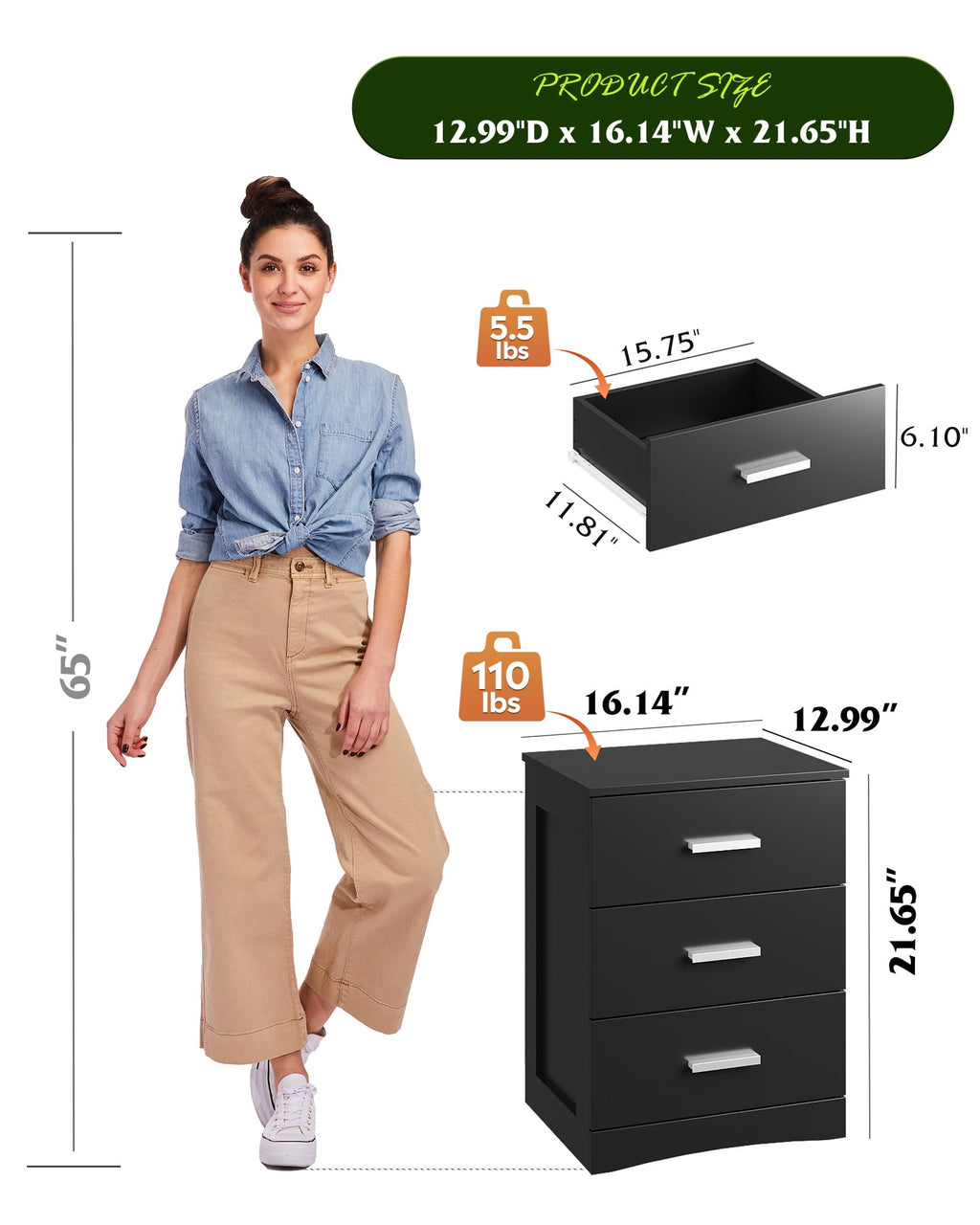 GALAXHERO 3 Drawer Night Stands for Bedroom, Tall Nightstand with Storage Cabinets, Wooden Bedside Table End Table for Living Room