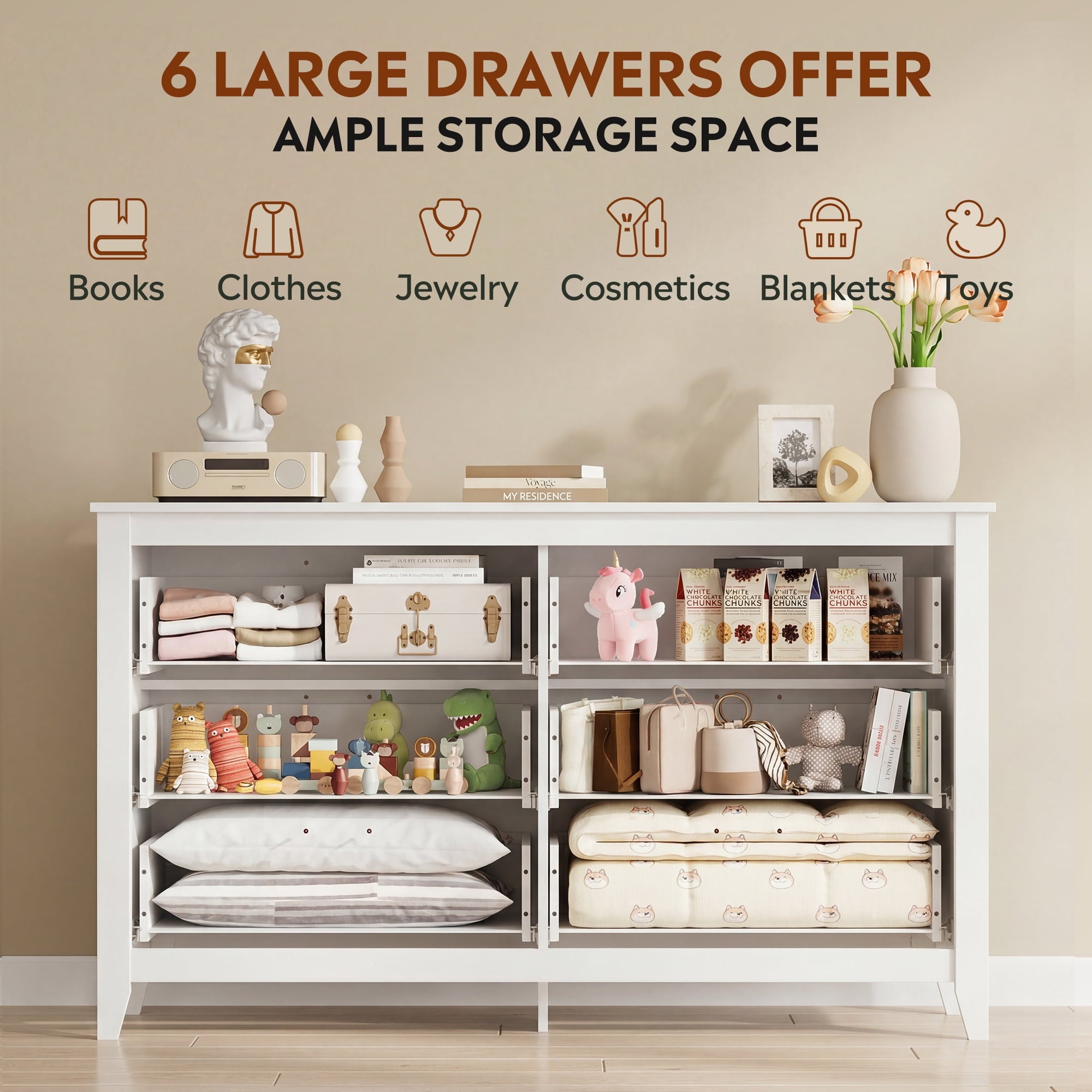 GALAXHERO 6-Drawer Double Wood Dresser - Farmhouse Chest of Drawers with Metal Handles for Bedroom, Living Room, Entryway
