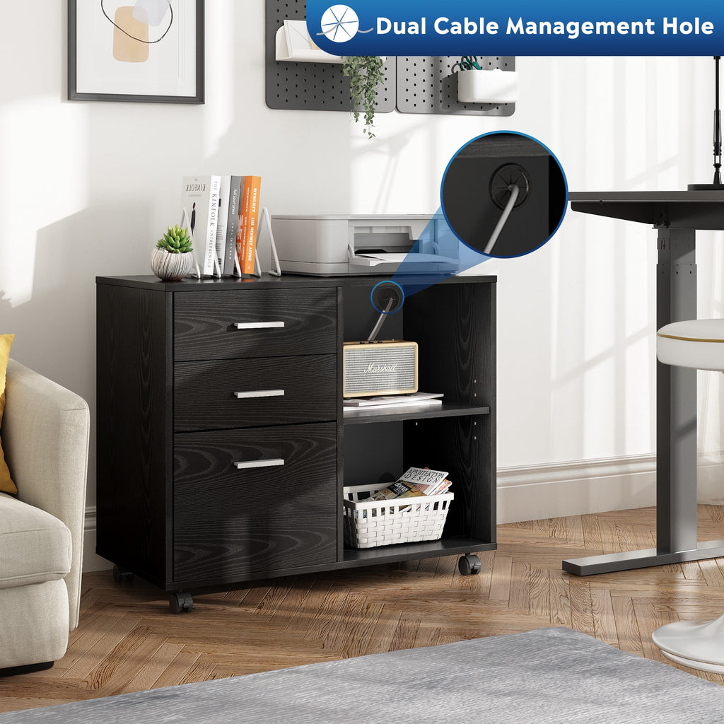 GALAXHERO 3-Drawer Wood Lateral Filing Cabinet, Mobile Printer Stand with Open Shelves for Home Office, Black