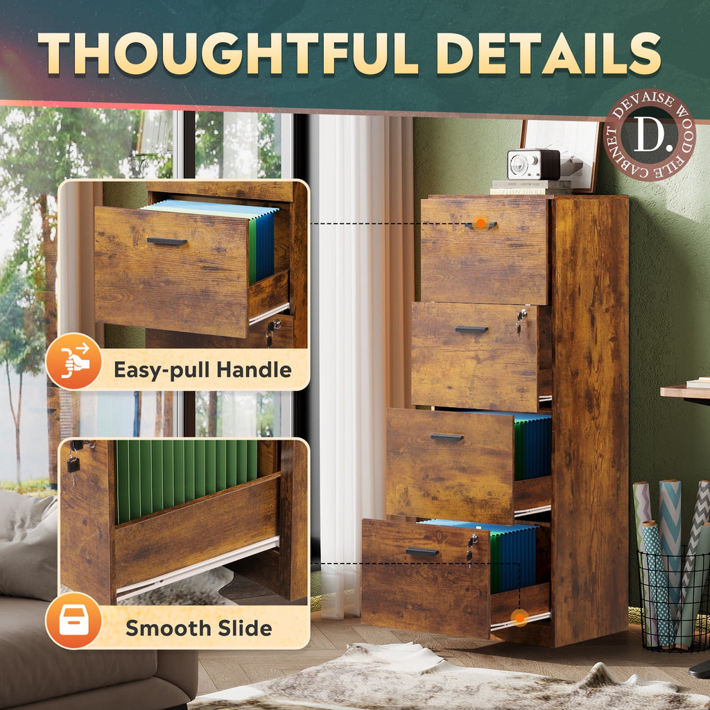 GALAXHERO 4 Drawer File Cabinet, Vertical Filing Cabinet with Lock and Key, Wood Storage Organizer for Home Office, Fit Letter/A4
